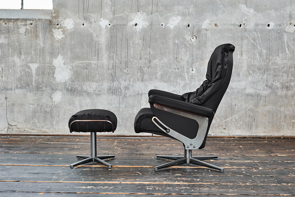 RELAXSESSEL MIT HOCKER MODO Schwarz Leder - Silberfarben/Schwarz, Leder/Metall (81/98/90cm) - KAWOLA