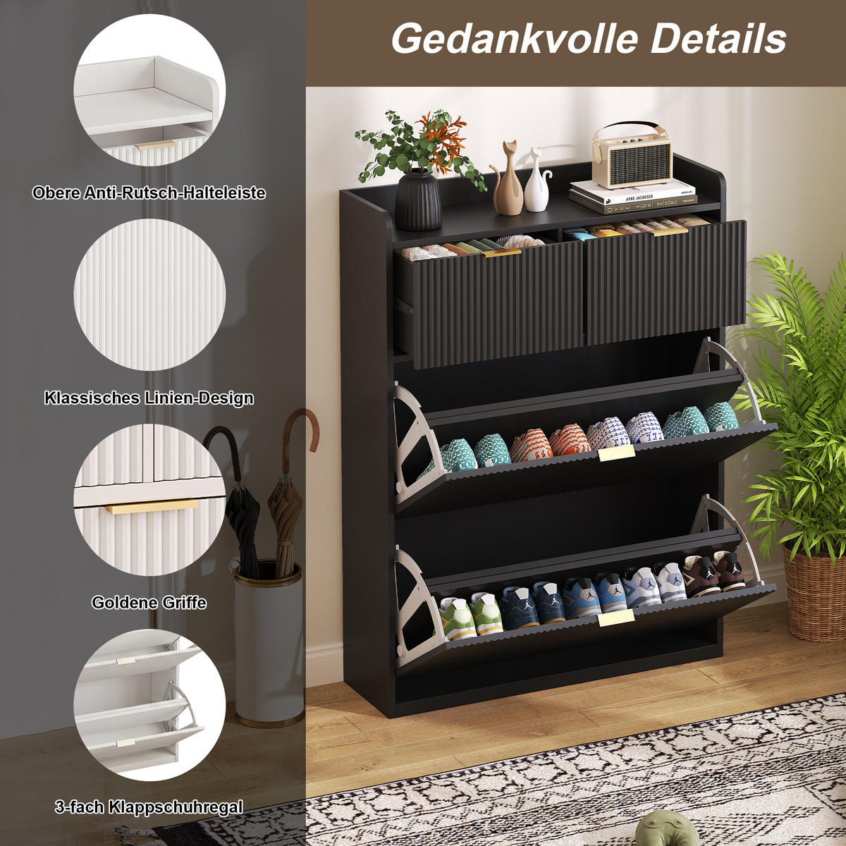 SCHUHSCHRANK Schwarz 80/24/110 cm mit Schubladen und Metallgriffen, Schuhkommode für Flur - Weiß, Holz (24/80/110cm) - PARAFTA HOME