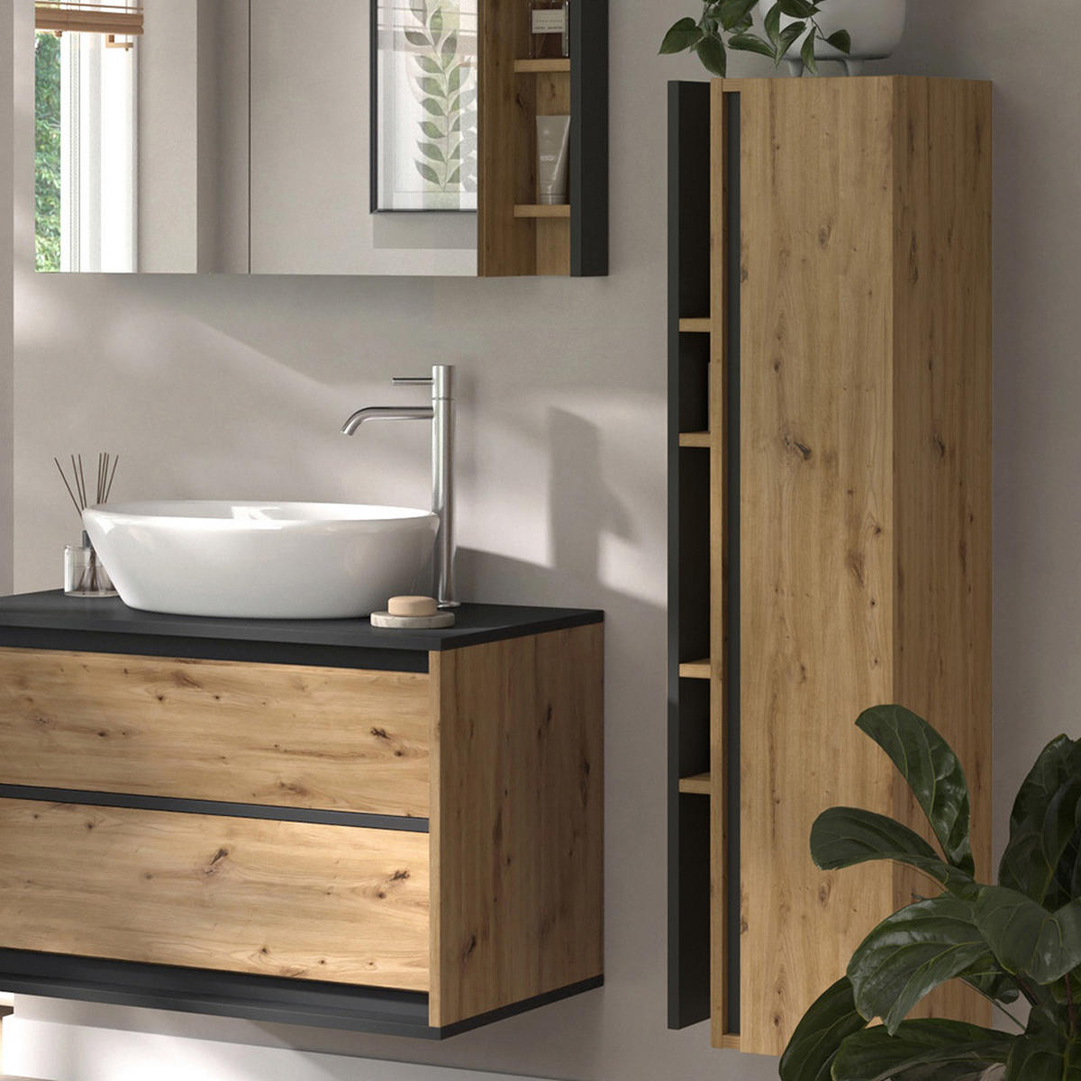 BADSCHRANK Edelin Anthrazit/Artisan 35 x 120 cm mit 4 Ablagefächern - Anthrazit/Eiche Artisan, Holzwerkstoff (35/120/32cm) - Vicco