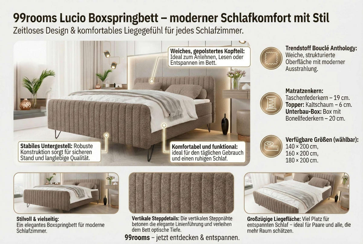 BOXSPRINGBETT LUCIO Bouclé-Stoff Rot 160/200 cm - Rot/Schwarz, Textil/Metall (160/200cm) - 99rooms