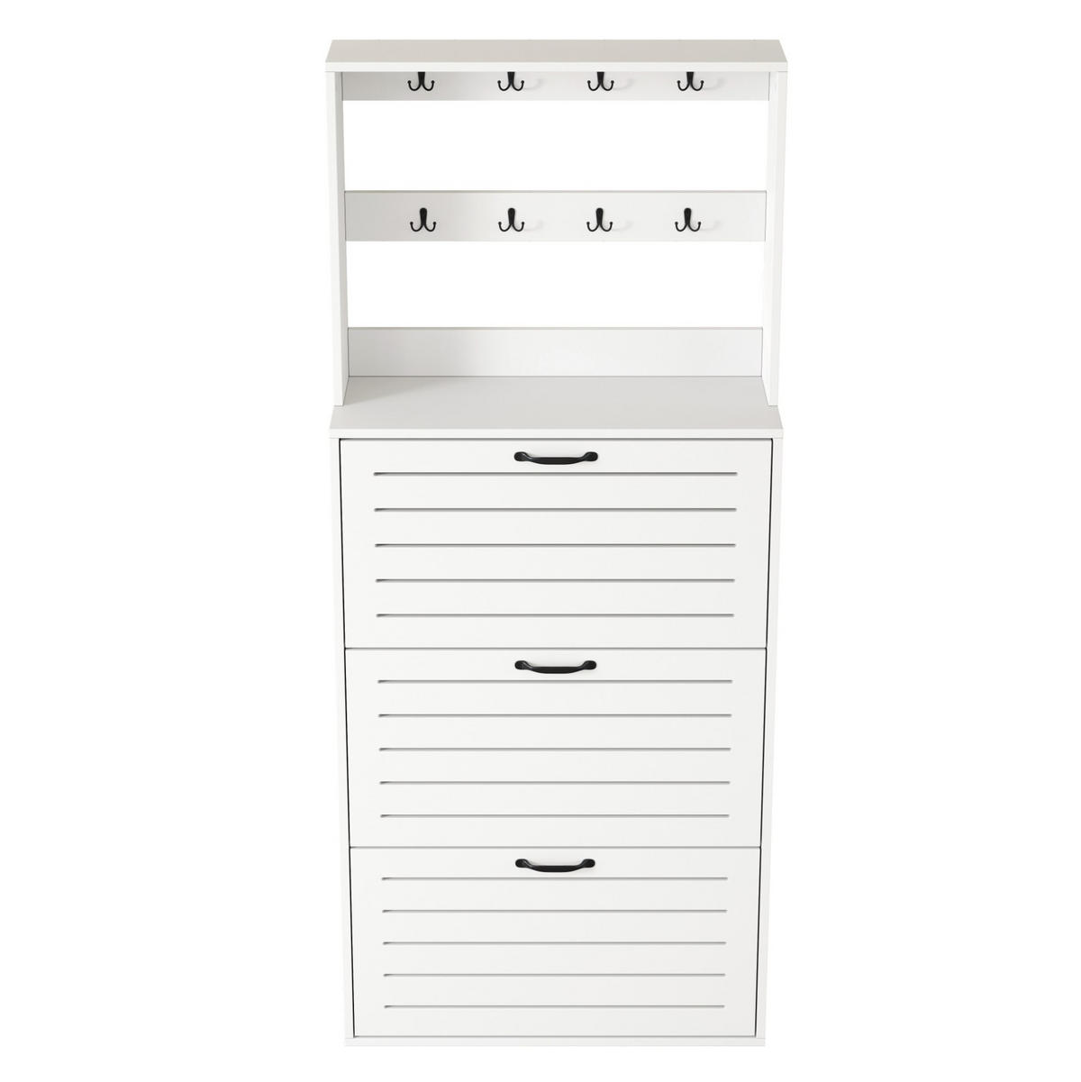 SCHUHSCHRANK 70/25/165 cm aus Spanplatte mit 8 Haken und 3 Schuhregalen für 10-15 Paar Schuhe, Weiß und Schwarz - Weiß, Holzwerkstoff (70/163/25cm) - Redom