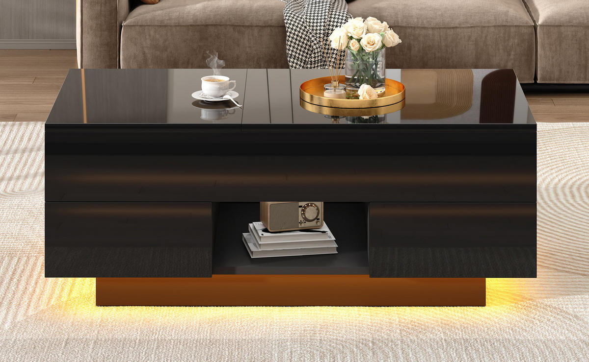 COUCHTISCH 100/45/43 cm höhenverstellbar mit LED-Beleuchtung, 2 Schubladen und Stauraum aus Spanplatte, Schwarz - Schwarz, Holzwerkstoff (100/45/43cm) - Redom