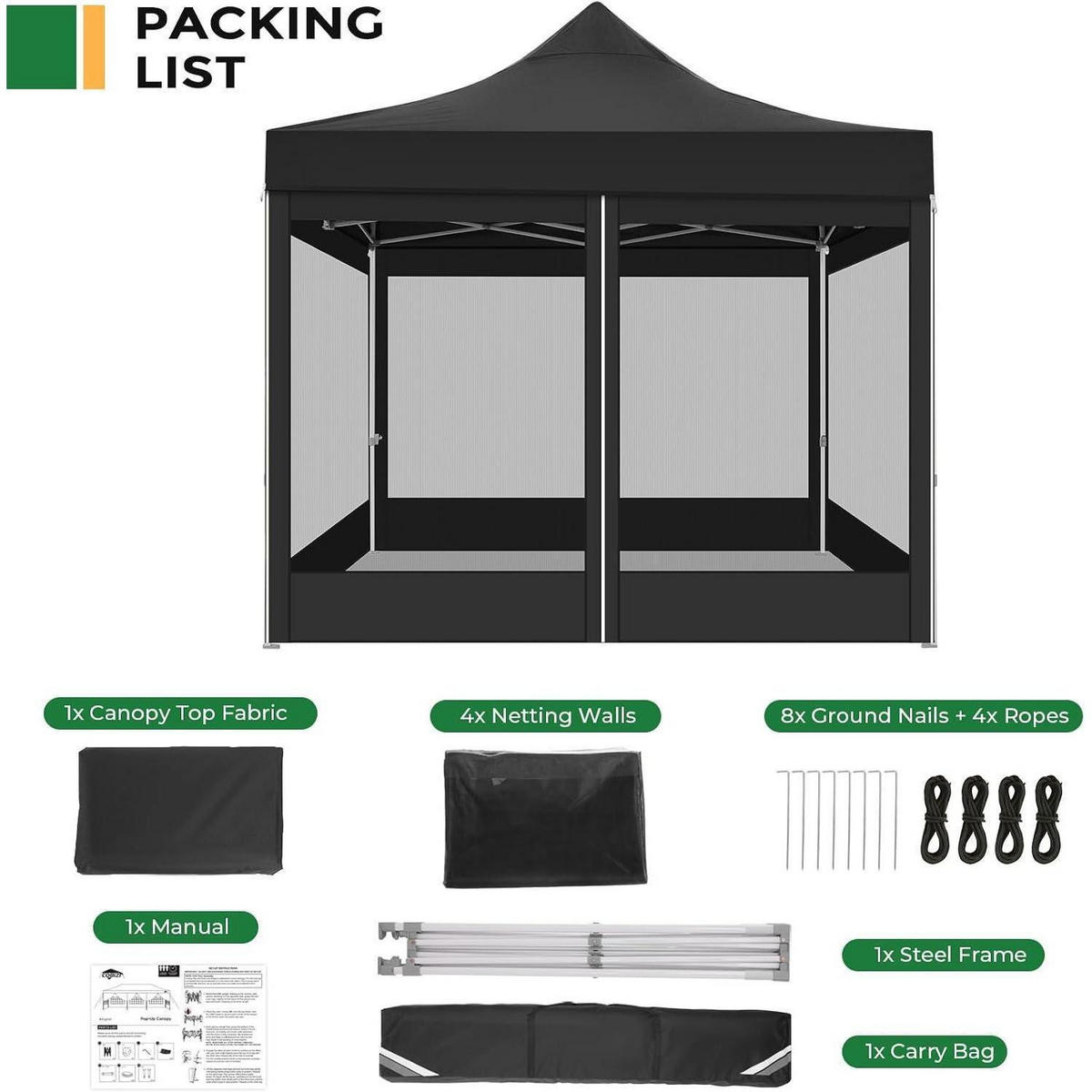 FALTPAVILLON 300 x 300 cm Schwarz mit Moskitonetz - Schwarz, Textil (300/335/300cm)