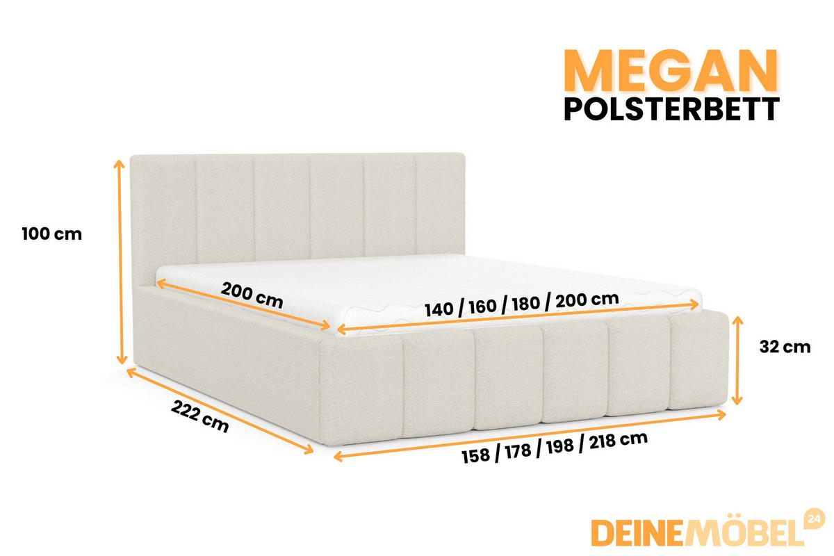 POLSTERBETT MEGAN 140/200 in Boucle Ecru - Ecru, Holz/Holzwerkstoff (140/200cm) - Deine Möbel 24