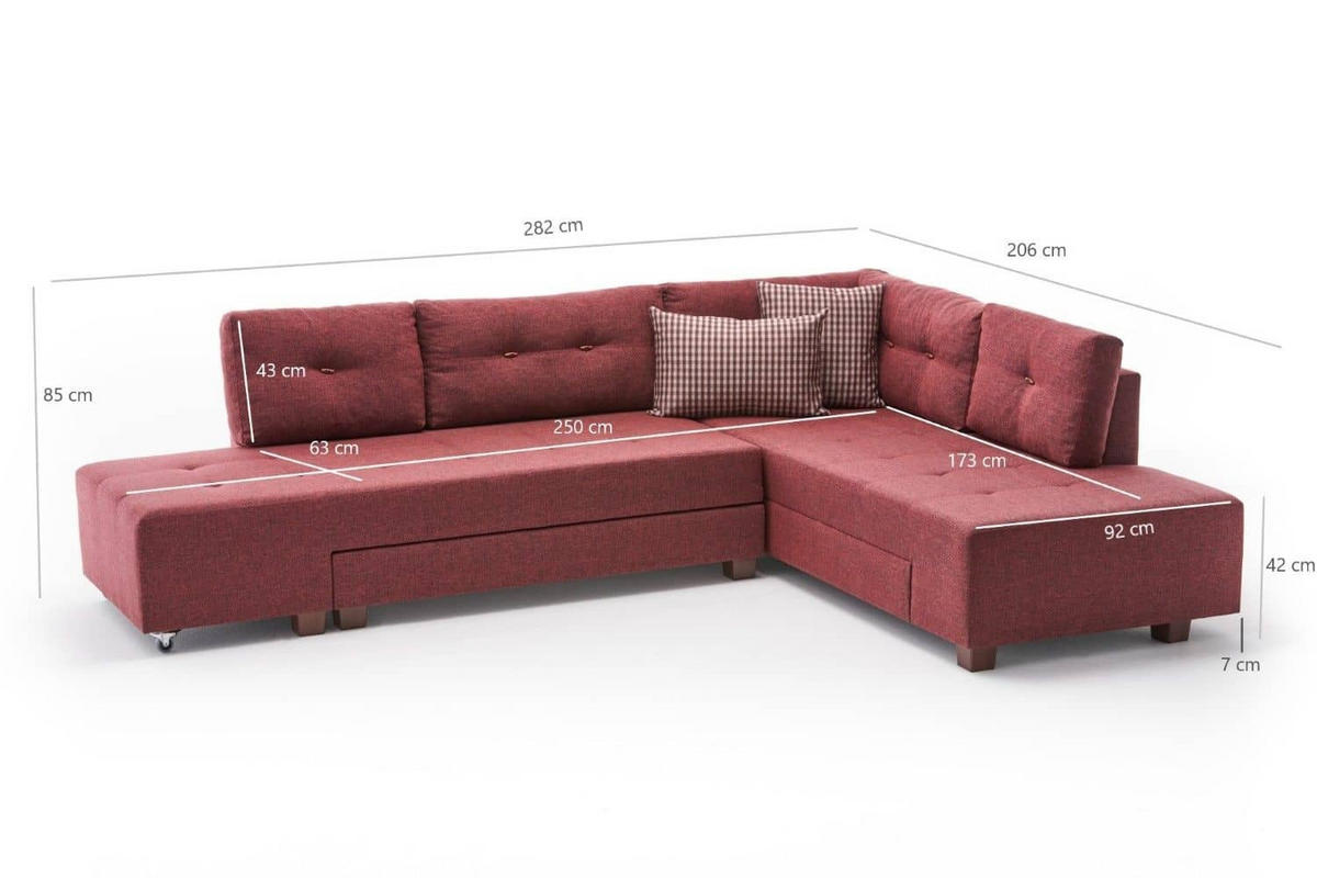 ECKSOFA mit rollbarer Schlaffunktion - Rot/Walnussfarben, Holzwerkstoff/Kunststoff (206/280cm) - myHomelando