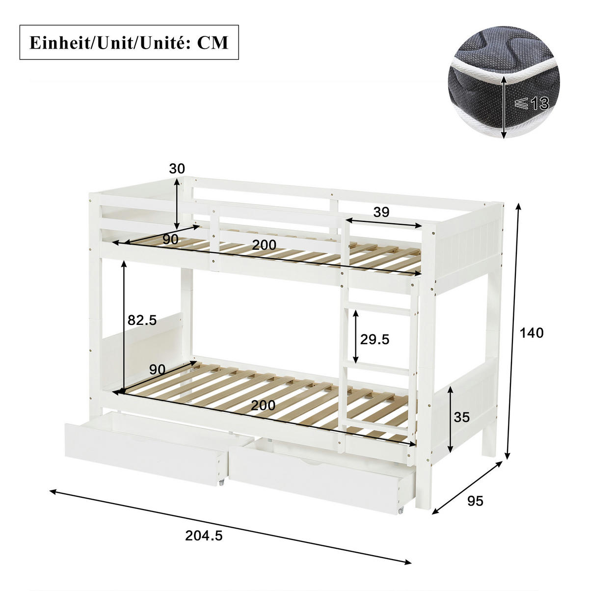 ETAGENBETT aus Holz 90x200 cm Weiß mit 2 Schubladen, Leiter und teilbar in 2 Einzelbetten - Weiß, Holz (90/200cm) - Modfu