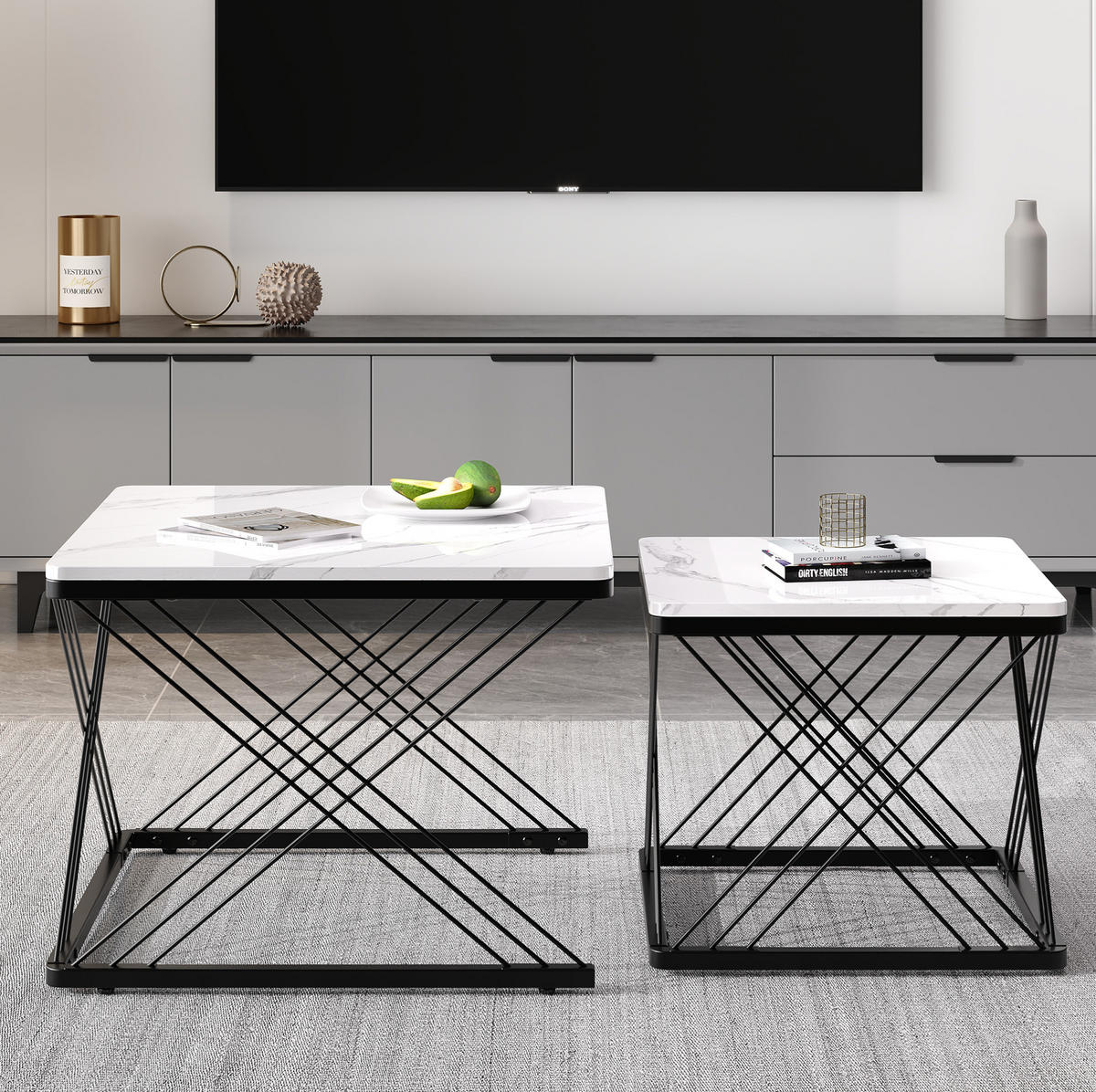 COUCHTISCH 2er-Set quadratisch 60x60 & 45x45 cm MDF Black White - Schwarz, Metall (60/60/45cm) - Meubliv