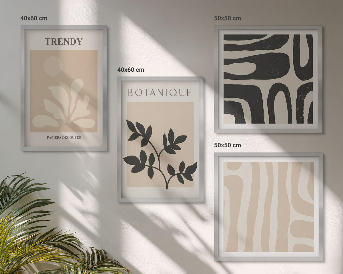 BILDER SET 4er Set - 50x50 cm & 40x60 cm Silberner Rahmen - Stilvolle Pflanzenmuster in Beige und Schwarz - Silberfarben, Kunststoff (50/50cm) - TULUP
