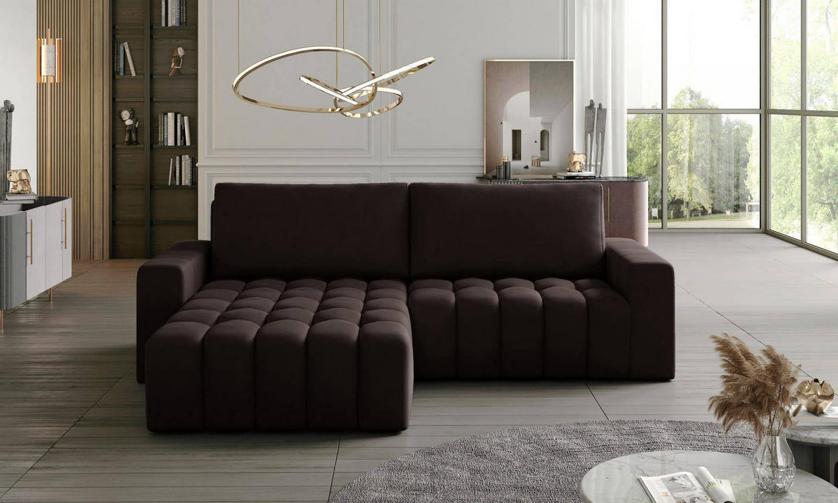ECKSOFA mit Schlaffunktion und Bettkasten, Velours-Stoff - Dunkelbraun/Schwarz, Textil (250/175cm) - Eltap
