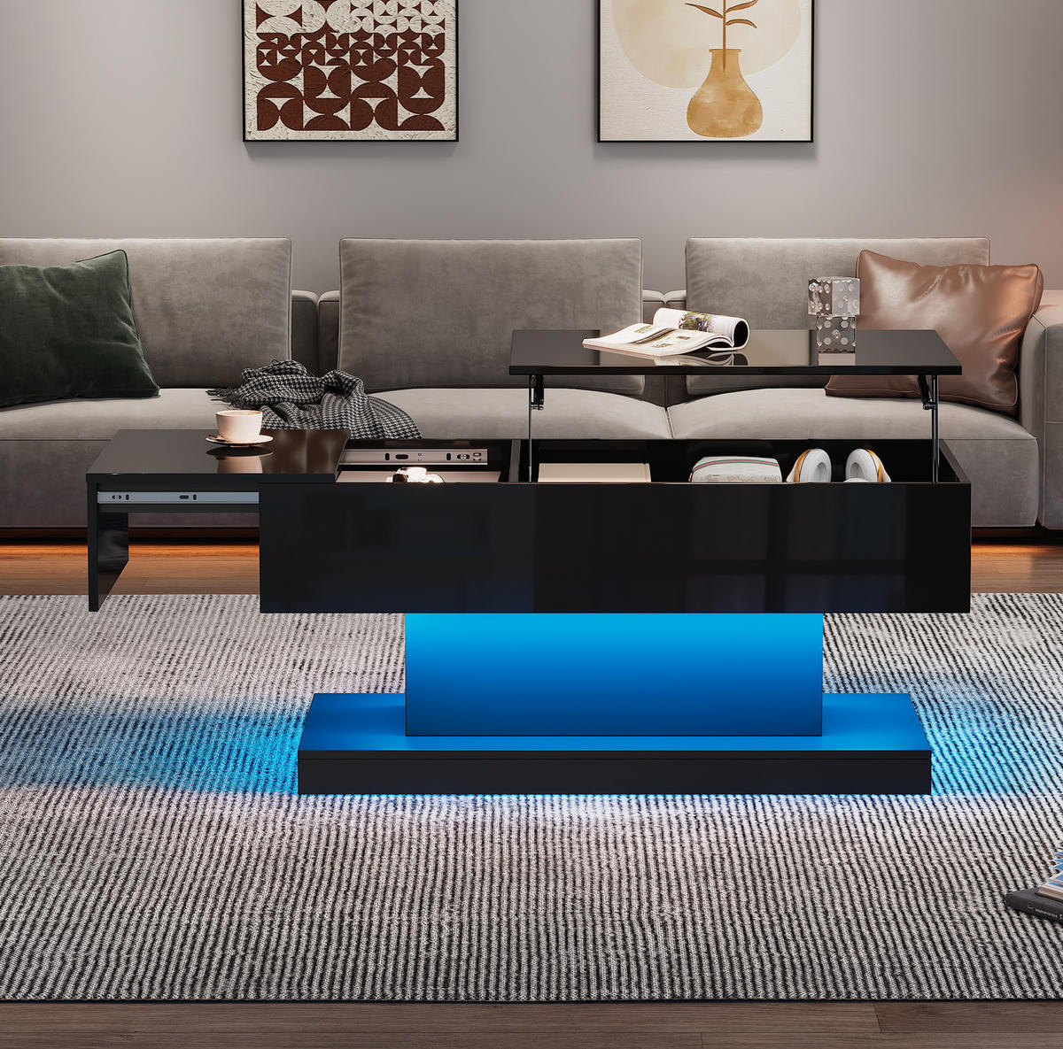 COUCHTISCH mit Liftfunktion 100x50x45 cm Hochglanz Schwarz mit LED - Schwarz, Holzwerkstoff (100/50/45cm) - Meubliv