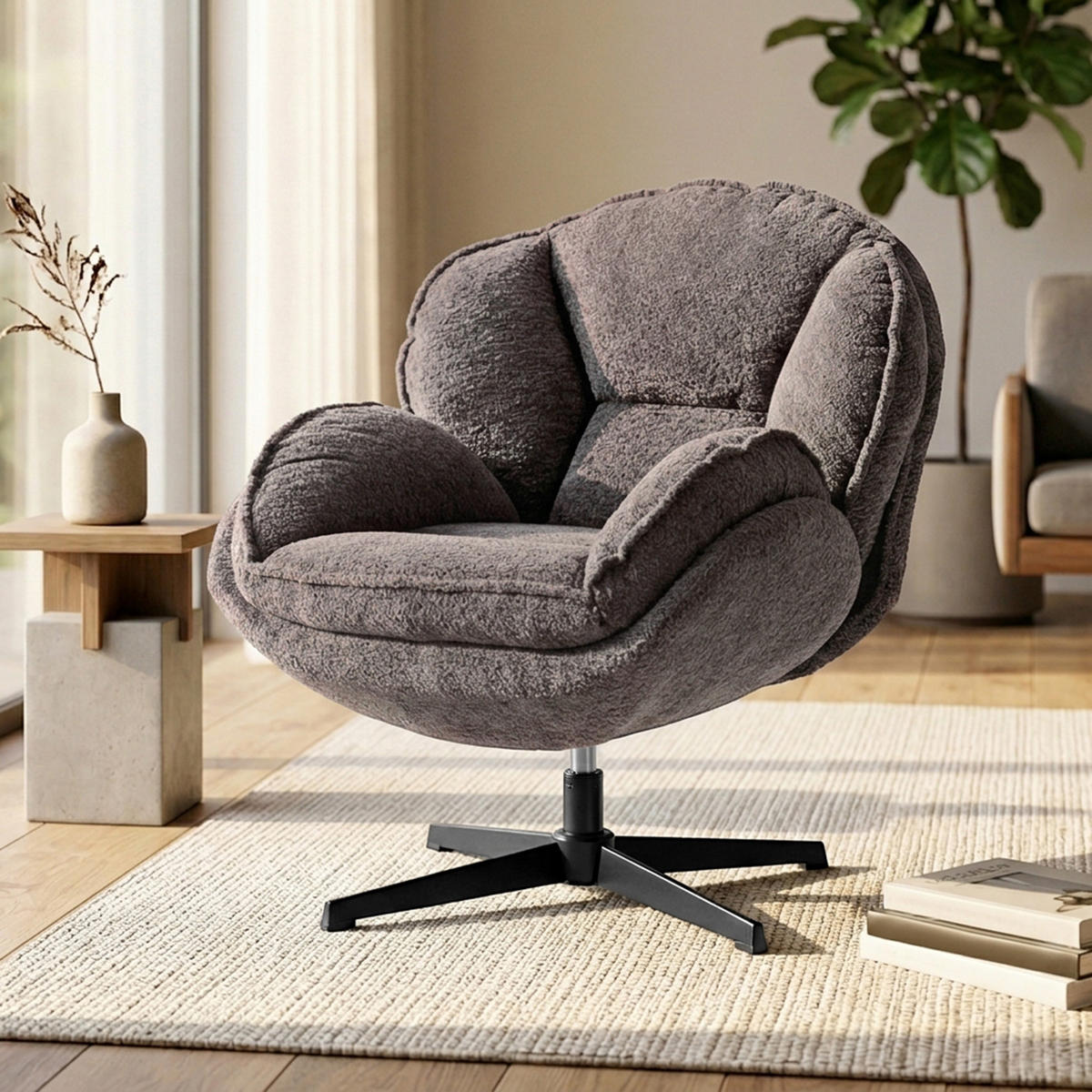 WINGBACK-SESSEL DE-06919 Samt, Vier-Sterne-Basis & 360° Drehung Grau - Grau, Textil/Metall (76/88/86cm) - ComfortXL