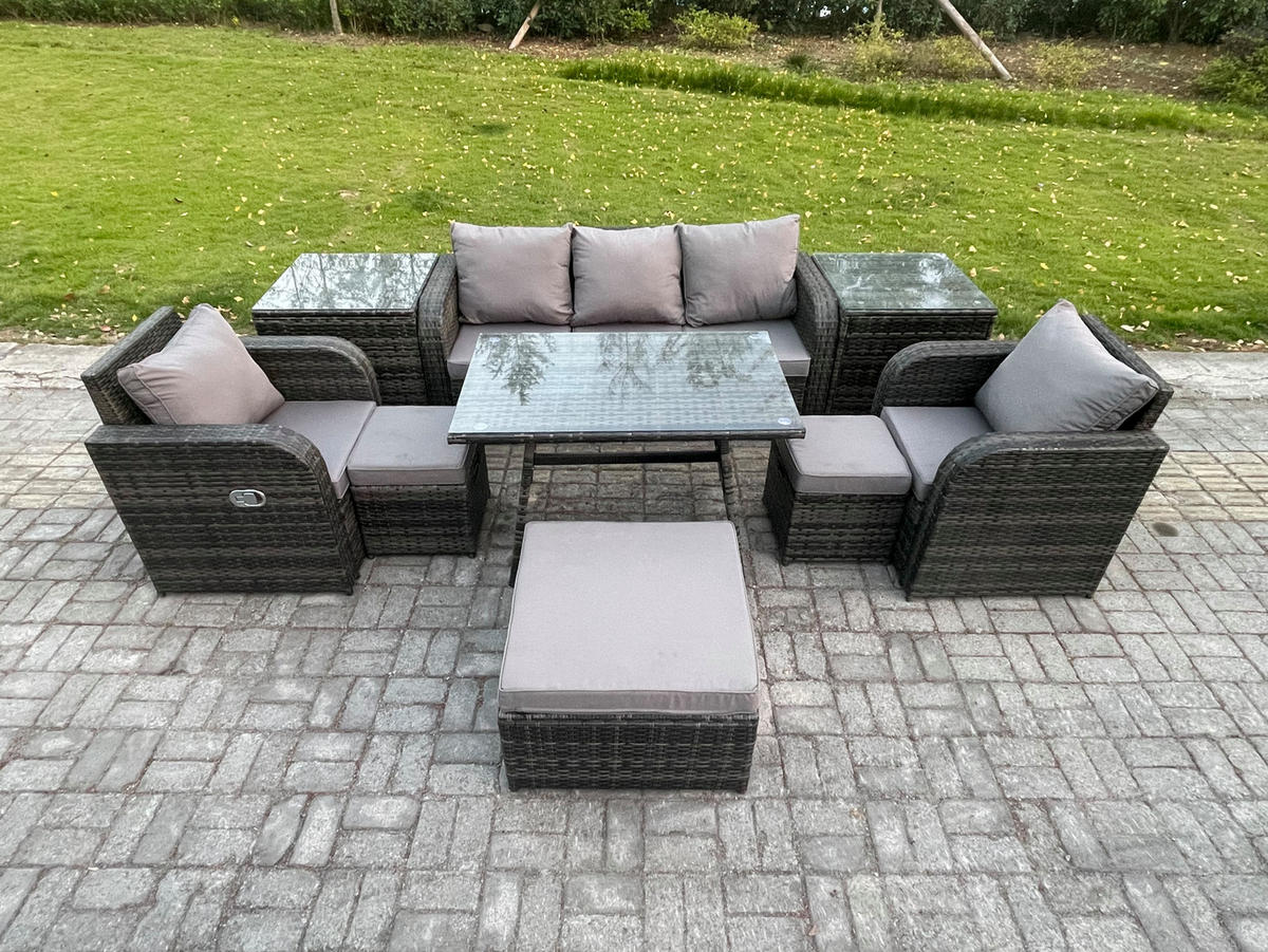 GARTENMÖBEL SET mit COUCHTISCH Polyrattan Dunkelgrau 8-Sitzer - Dunkelgrau/Grau, Glas/Kunststoff - Fimous