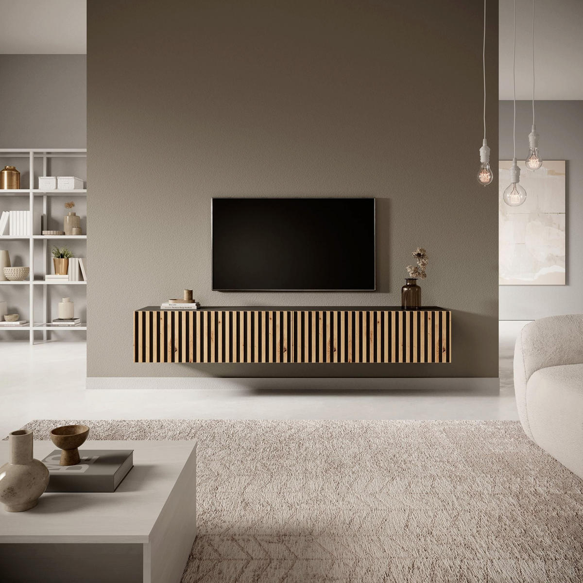 TV stolík Telire čierny / dub 175/30/32 cm - čierna/dub artisan, kompozitné drevo (175/30/31.6cm) - Selsey