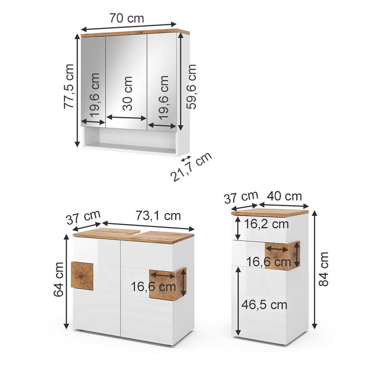 BADMÖBEL-SET Eden Weiß 3 Teile - Weiß/Eiche Artisan, Holzwerkstoff (73/64/37cm) - Vicco