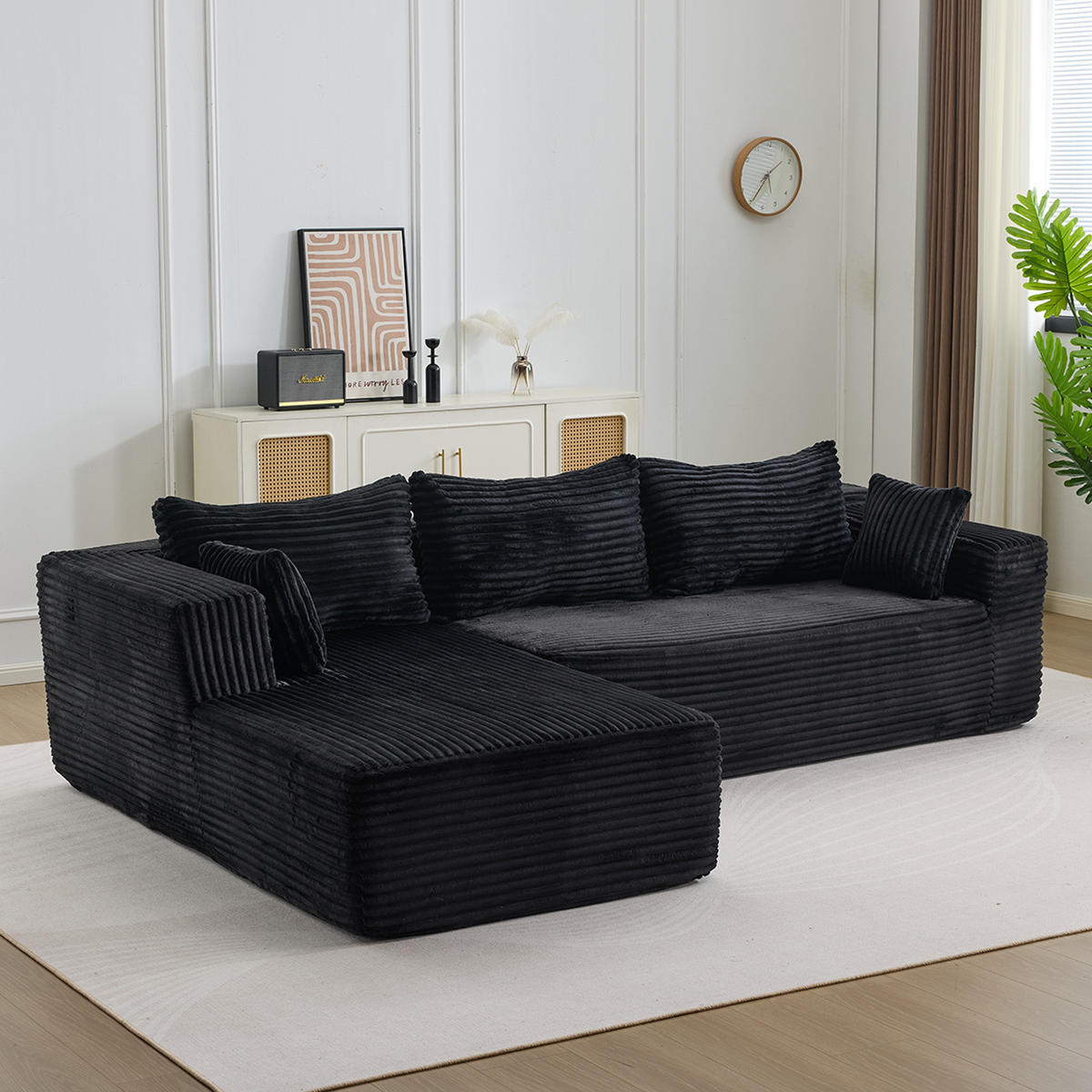 ECKSOFA 279/179/83 cm Schwarz Cord mit Chaiselongue - Schwarz, Textil (179/83/279cm) - Oxeza