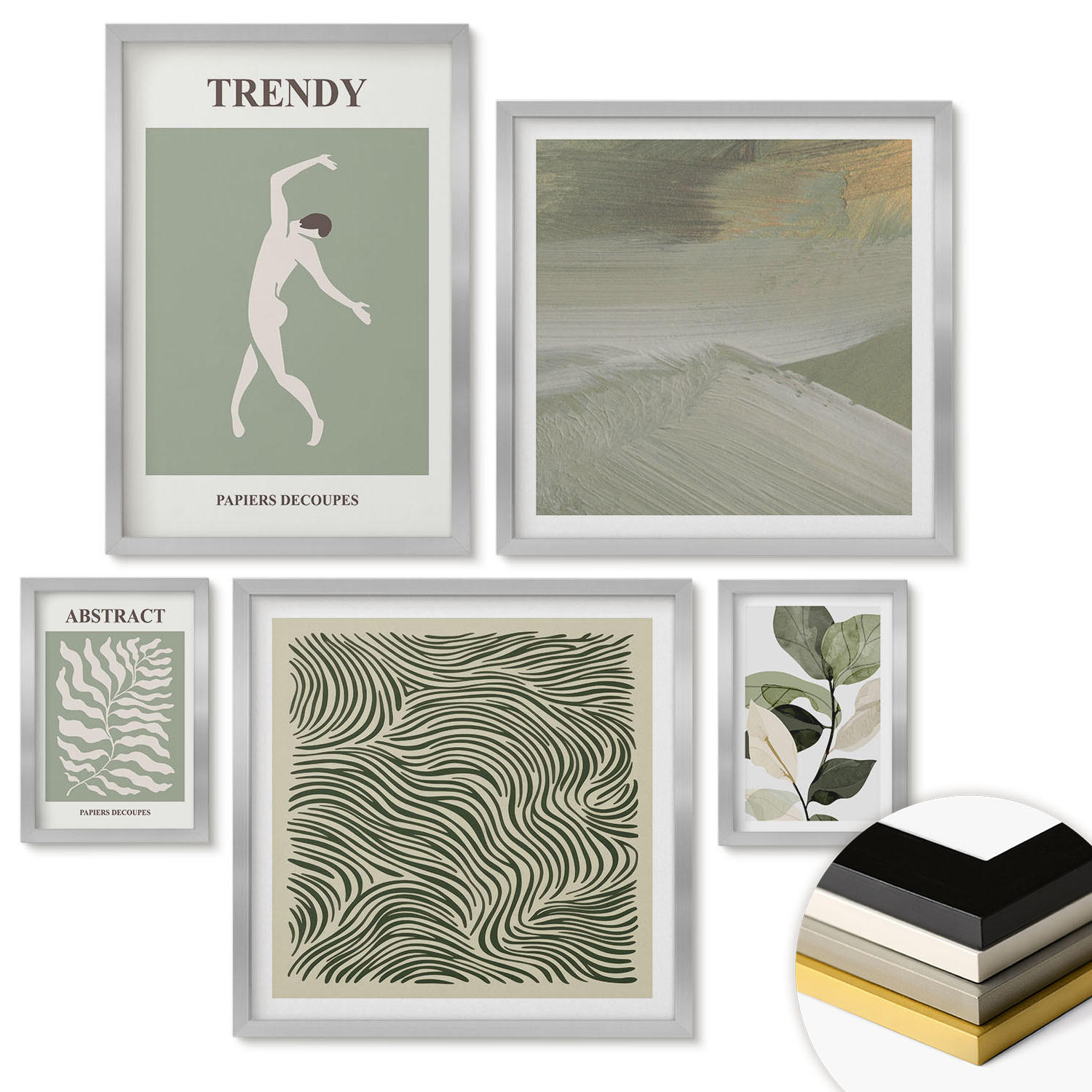 WANDBILDER 5er Set - 50x50 cm & 20x30 cm & 40x60 cm Silberner Rahmen - Abstrakte Pflanzenmuster - Silberfarben, Kunststoff (40/60cm) - ArtPrintCave