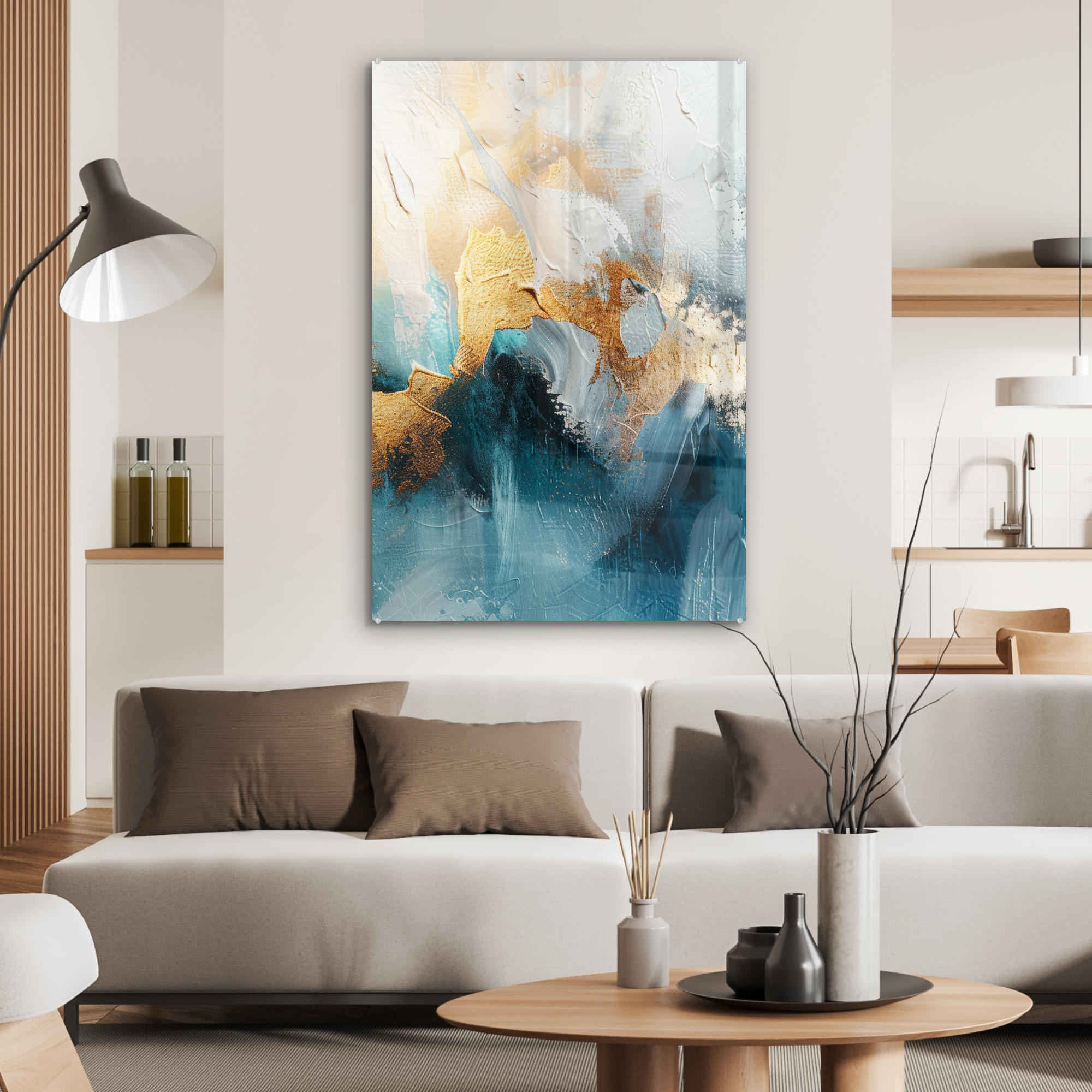 ACRYLGLASBILD Abstrakt - Kunst - Gold - Blau 60x90 cm - Petrol, Glas (60/90cm) - MuchoWow