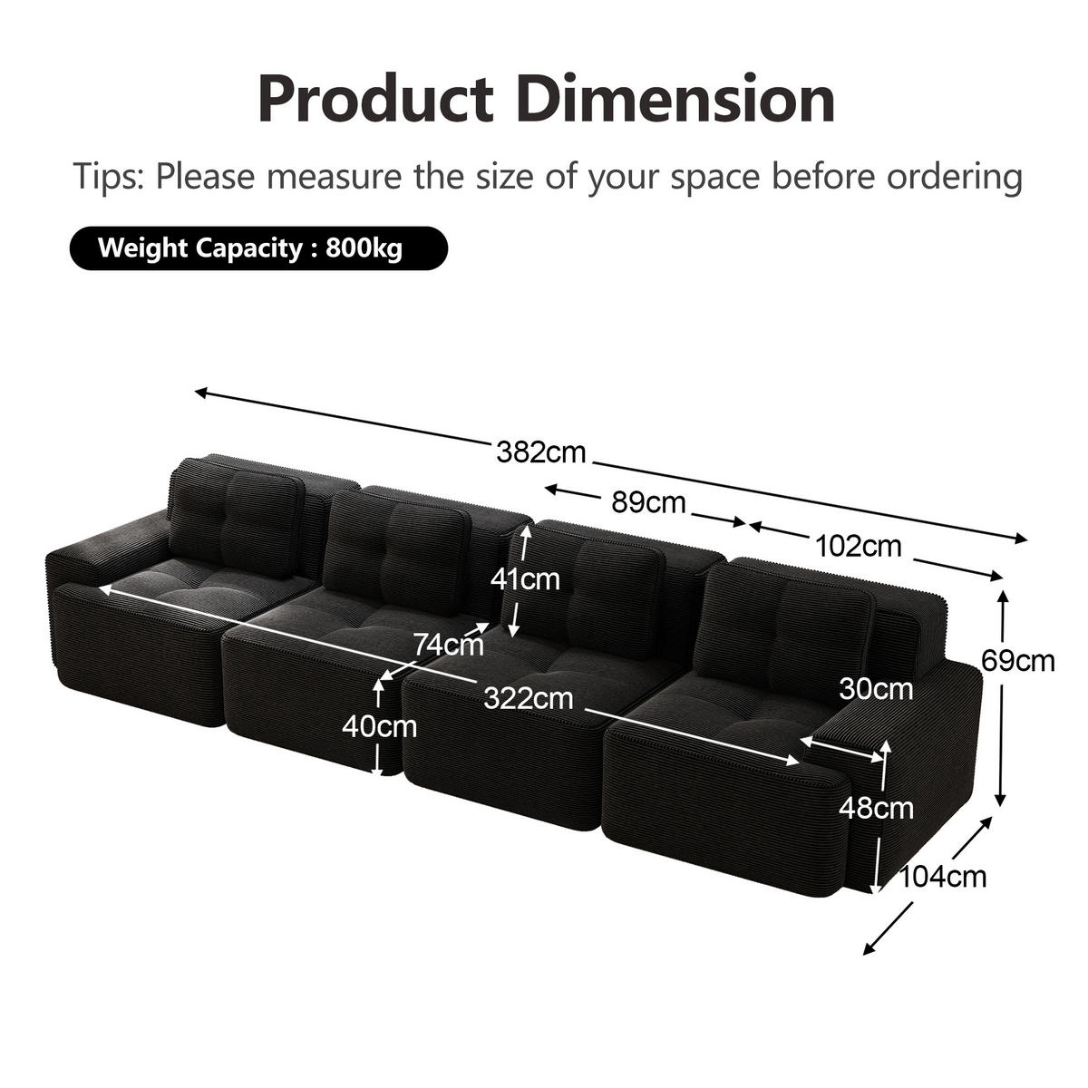SOFA modular mit Tiefsitz 74 cm Cord Black - Schwarz, Kunststoff (104/69/382cm) - Meubliv