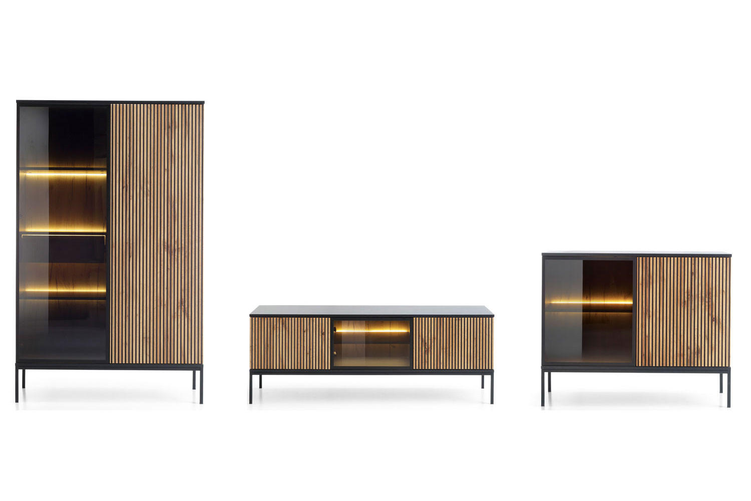 Feldmann-Wohnen Wohnzimmer-Set Schwarz, Eiche 362x166x39 cm