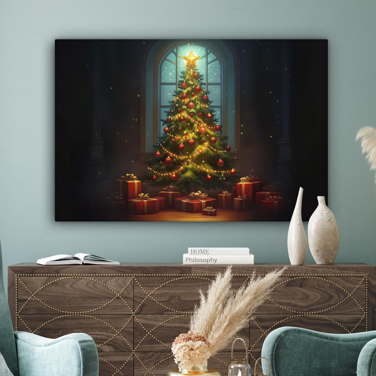 LEINWANDBILD Weihnachtsbaum - Geschenk - Winter Wohnzimmer 120x80 cm - Grün, Textil (120/80cm) - MuchoWow