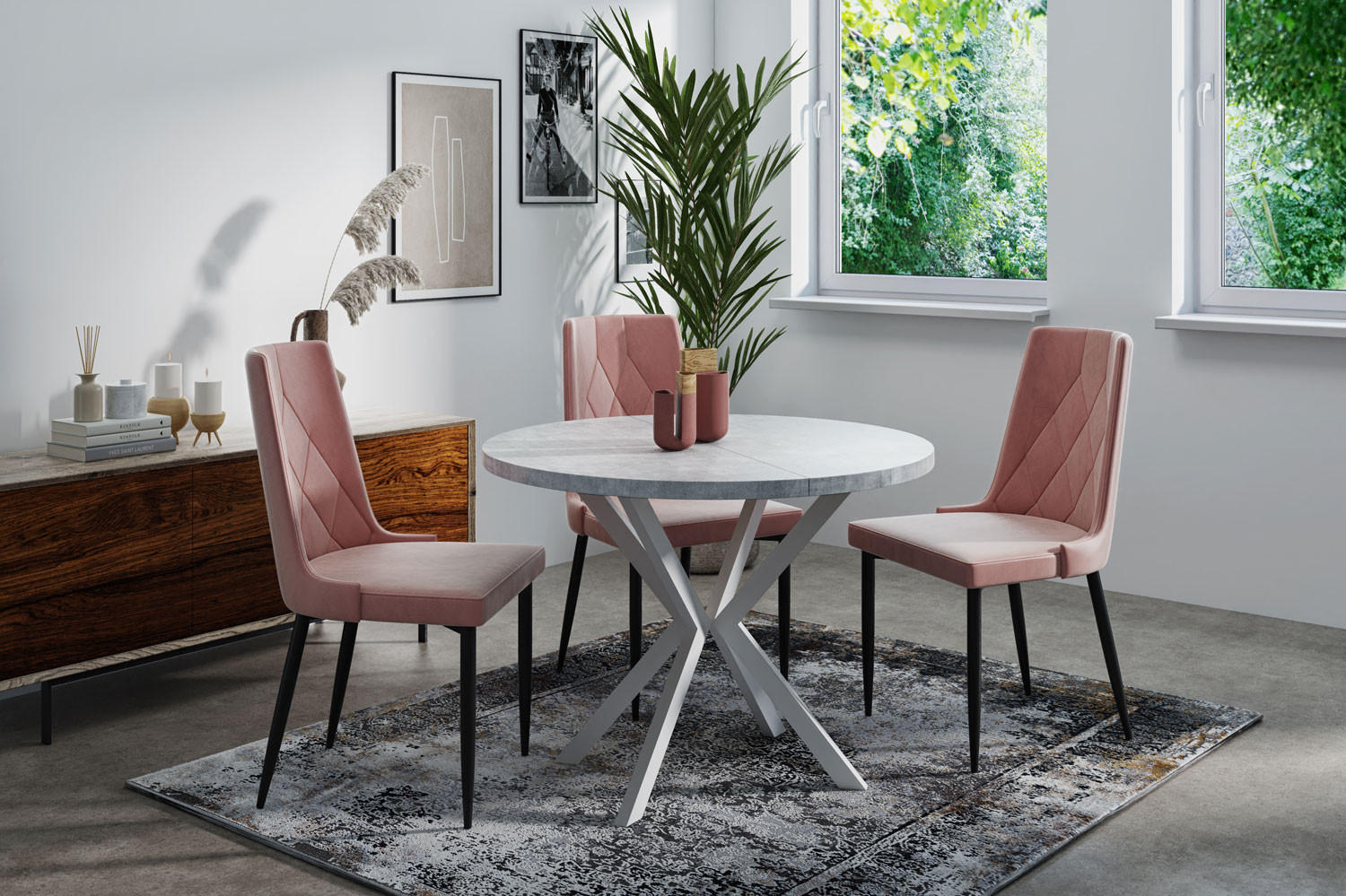 ESSTISCH Della runder ausziehbarer, Grauer Beton 100-180/100/76 cm - Hellgrau/Weiß, Holzwerkstoff/Metall (100/100/76cm) - WFL GROUP