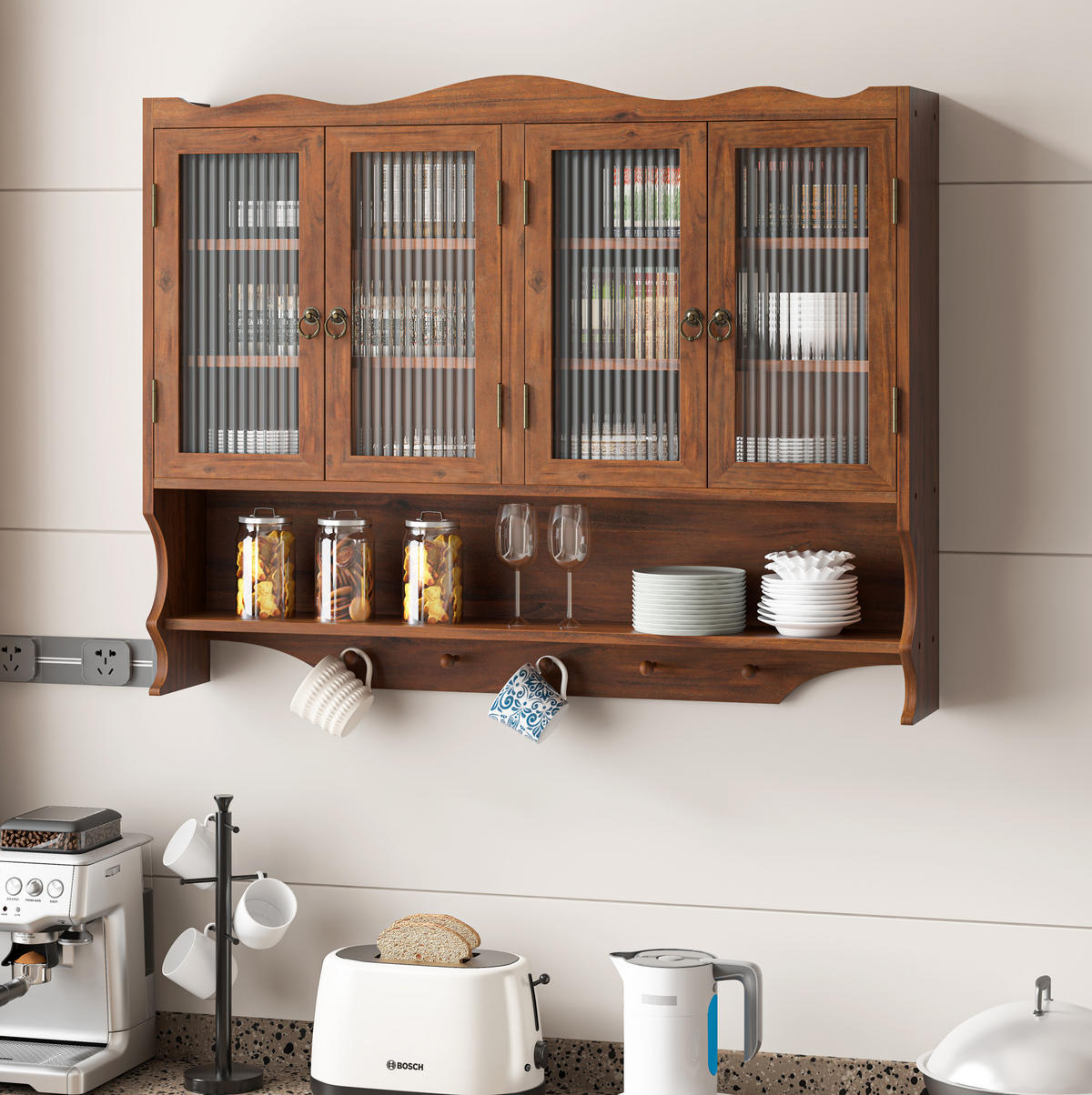 KÜCHENOBERSCHRANK 100x20x80 cm Braun aus Massivholz & Glas mit 4 Türen & Haken - Braun, Holz (100/80/20cm) - Modfu