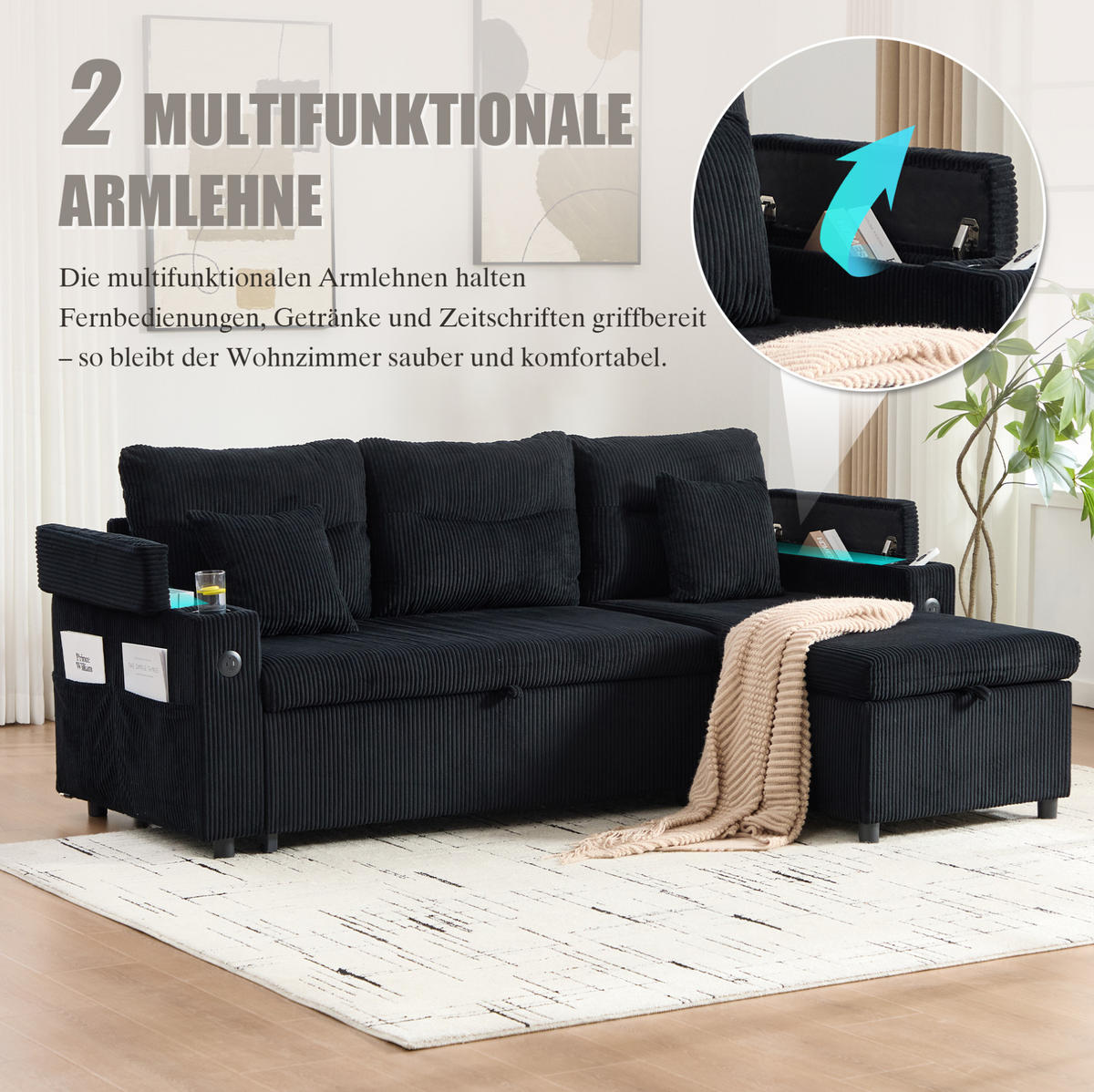 3-SITZER Eckschlafsofa Cord mit Stauraum und USB-Anschluss Schwarz 212,5/136/86 cm - Schwarz, Textil (136/212.5cm) - Redom