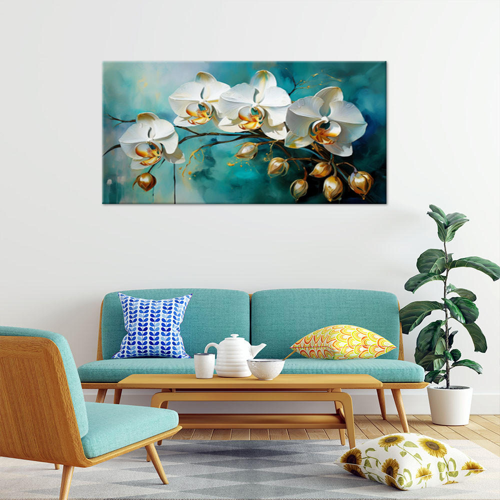 WANDBILD weiße orchideen auf türkisfarbenem hintergrund - Türkis, Textil (100/50cm) - Feeby