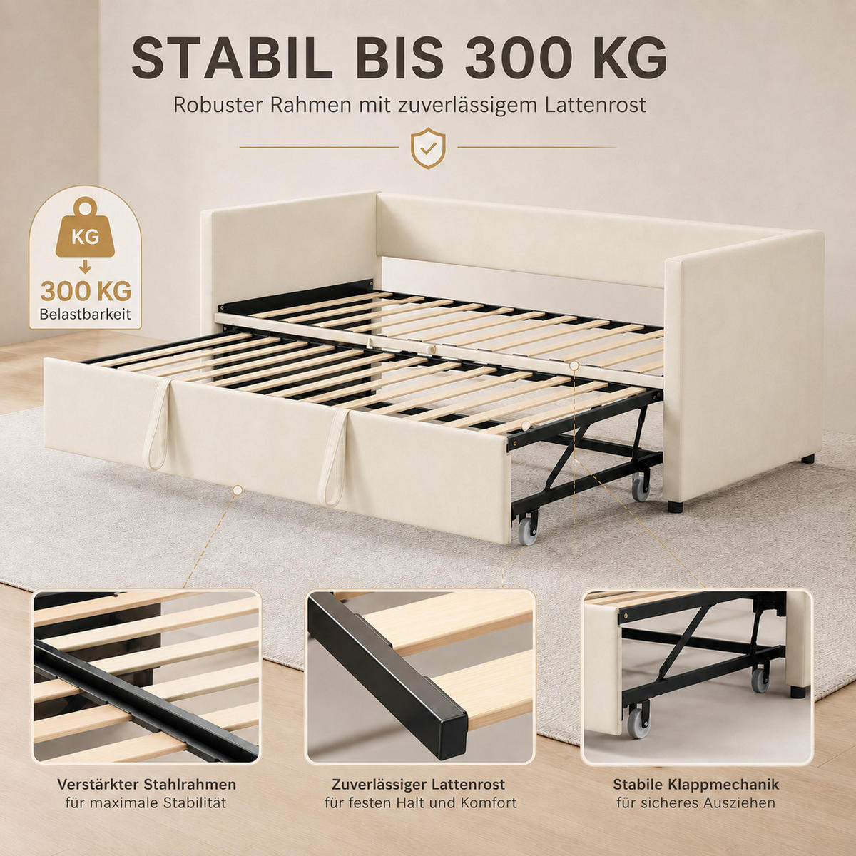 SCHLAFSOFA Samt creme ausziehbar mit Gästebett Funktion 3-fach umwandelbar Tagesbett mit Rollen - Beige, Metall (183/74/213cm) - Joyfair