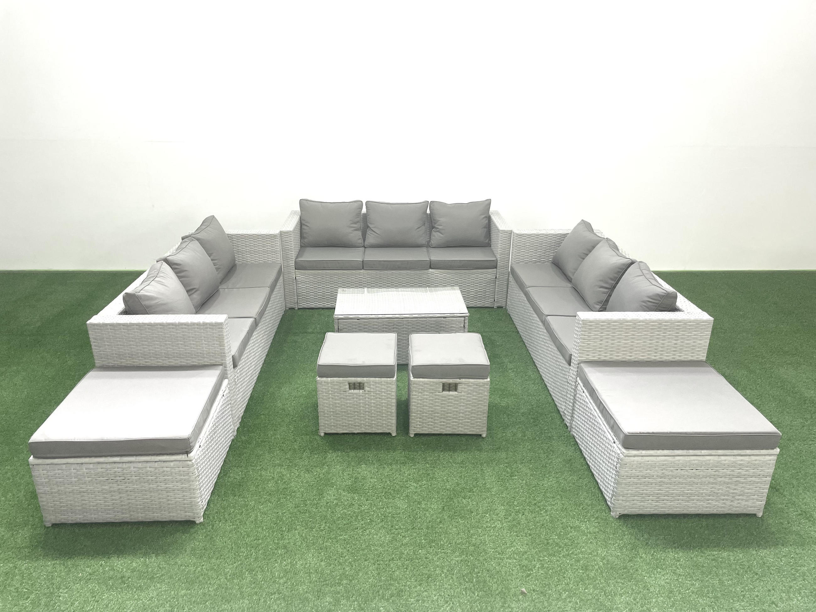 GARTENSET mit 3-SITZER SOFA,COUCHTISCH Polyrattan Hellgrau-Mix 13-Sitzer - Hellgrau/Grau, Glas/Kunststoff - Fimous