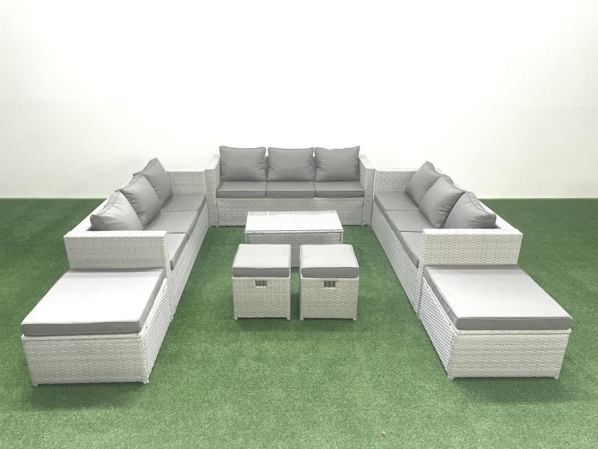 GARTENSET mit 3-SITZER SOFA,COUCHTISCH Polyrattan Hellgrau-Mix 13-Sitzer - Hellgrau/Grau, Glas/Kunststoff - Fimous