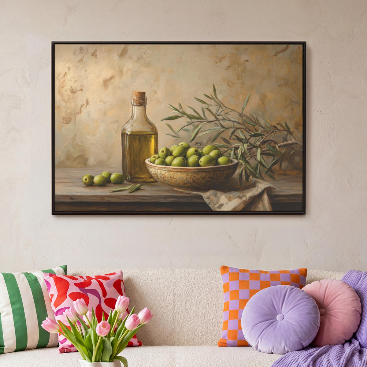 LEINWAND Bilder mit Rahmen - Oliven - Stilleben - Vintage - 90x60 - Olivgrün, Textil (90/60cm) - MuchoWow
