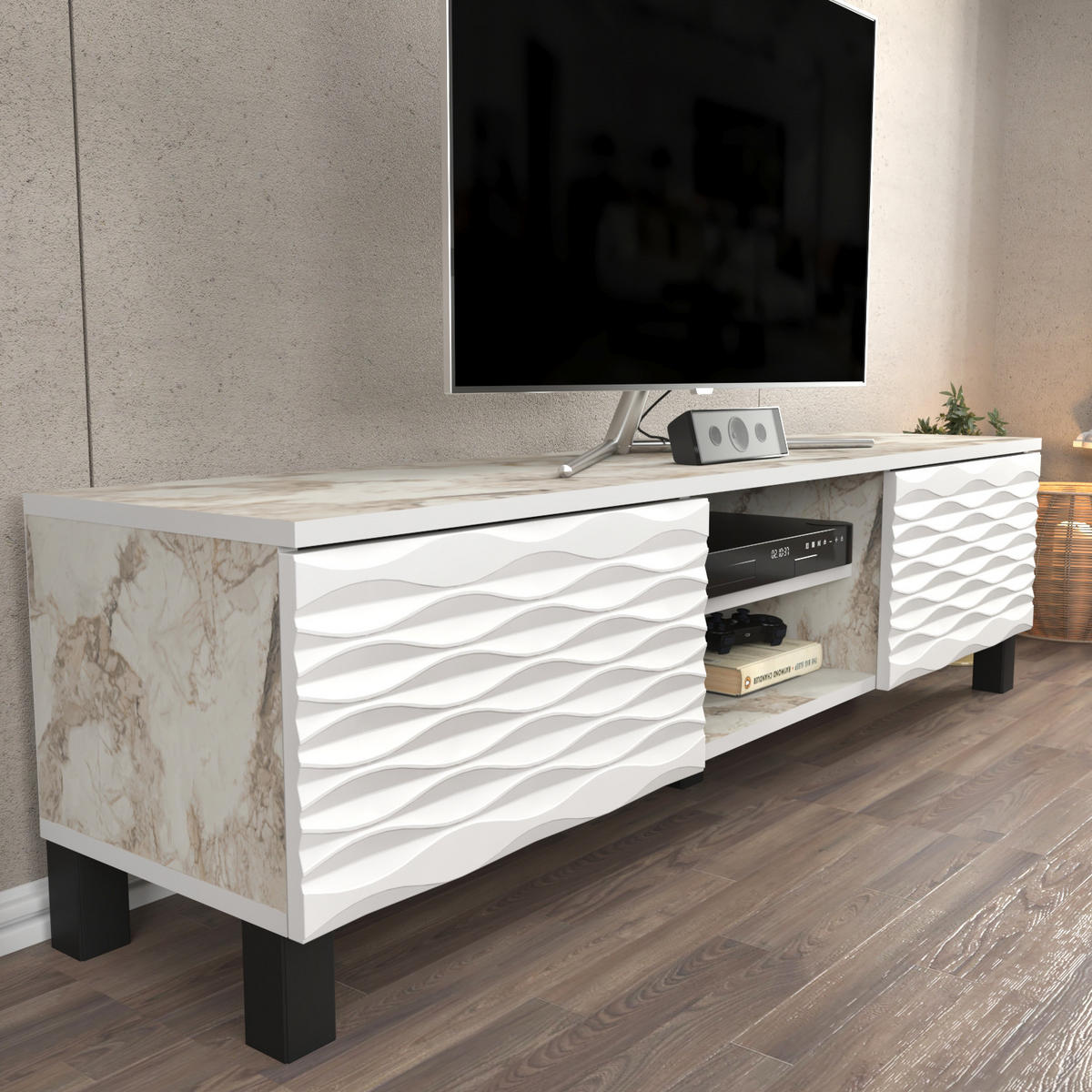 TV-ELEMENT Lukas weißer Marmor Weiß - Beige/Weiß, Holzwerkstoff (150/40.3/35cm) - Decorotika