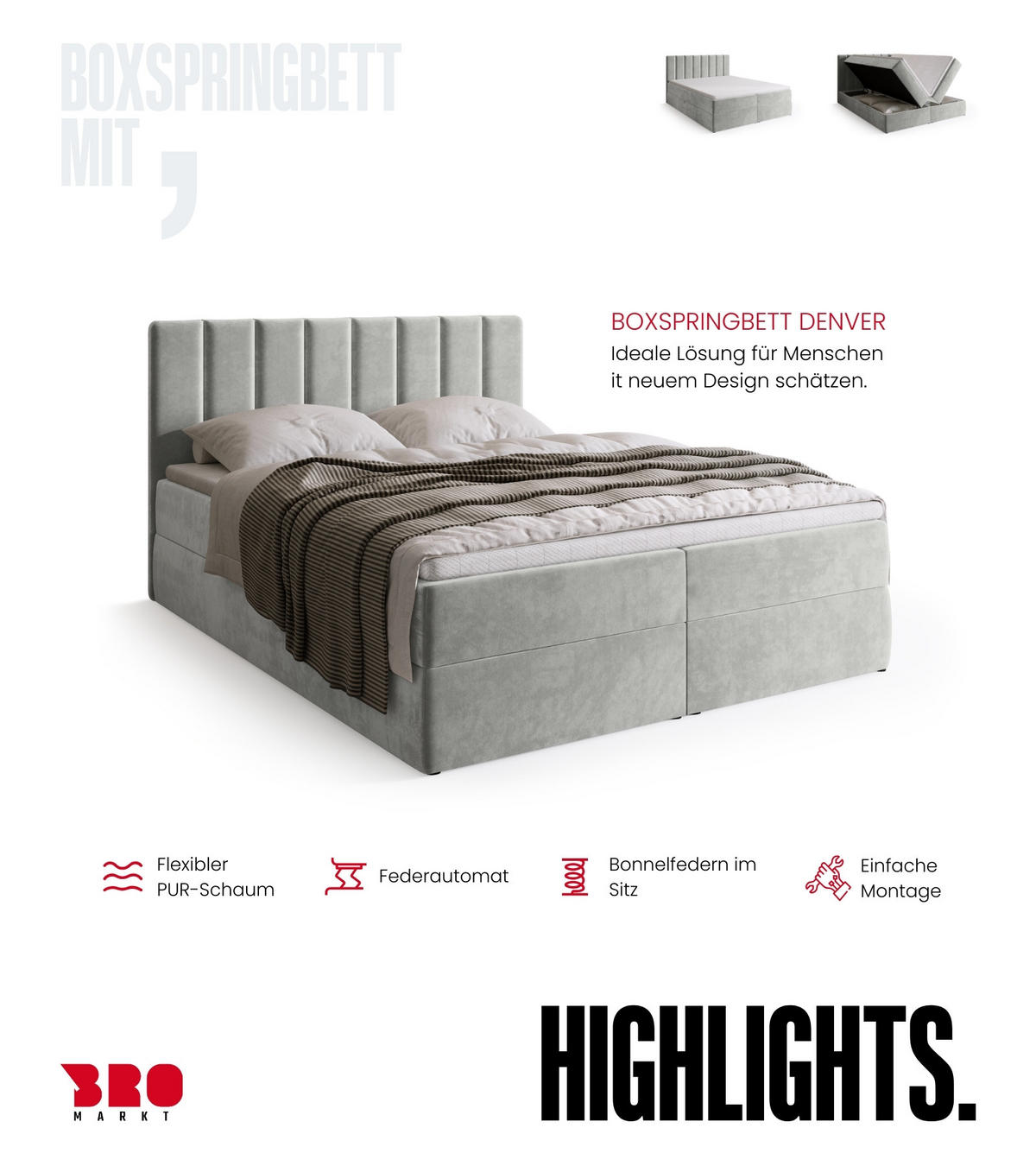 BOXBETT DENVER mit Topper 140x200 Grau - Grau, Textil (140/200cm) - Bromarkt