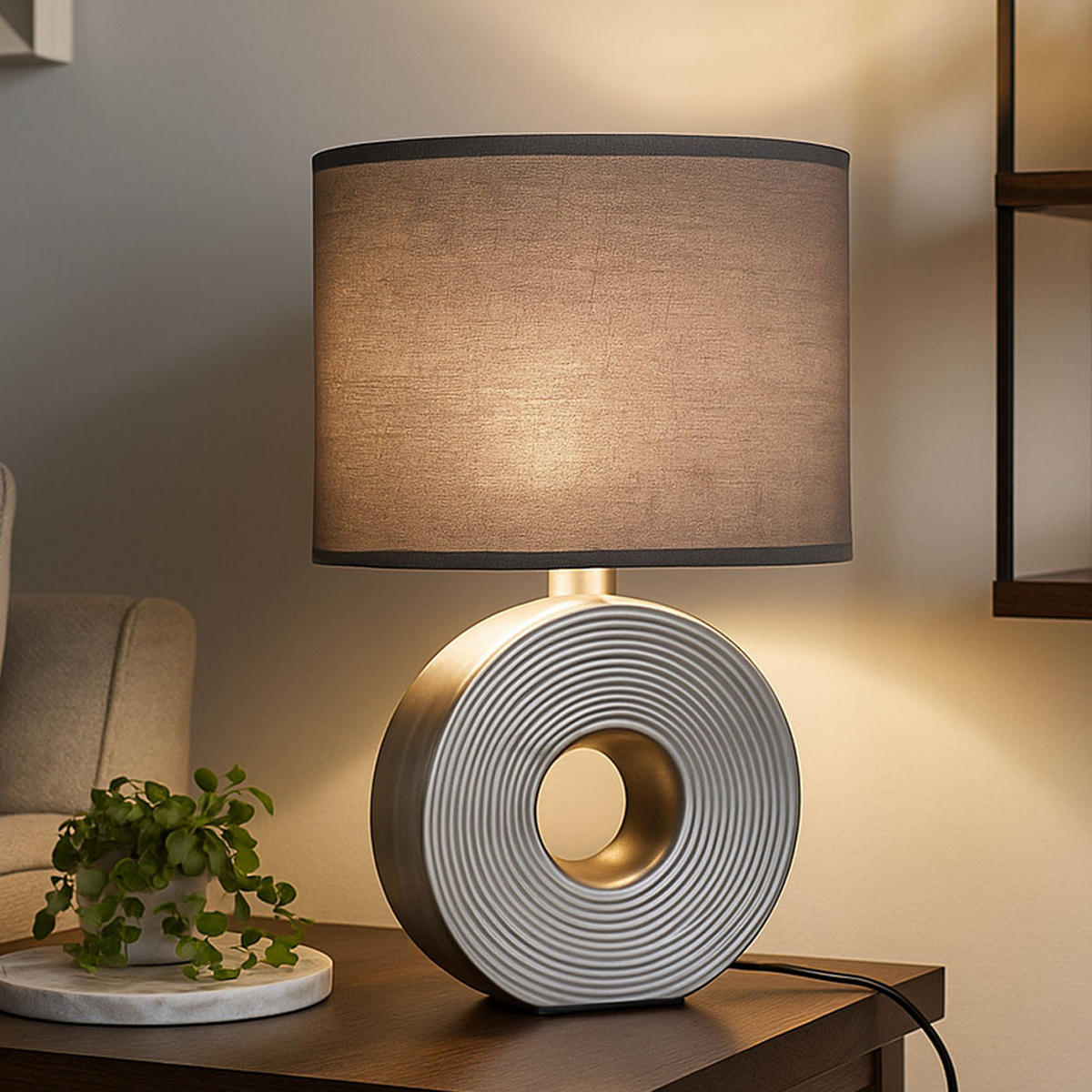 LED TISCHLEUCHTE Keramik Silber Anthrazit - Silberfarben, Textil (23/13/38cm)