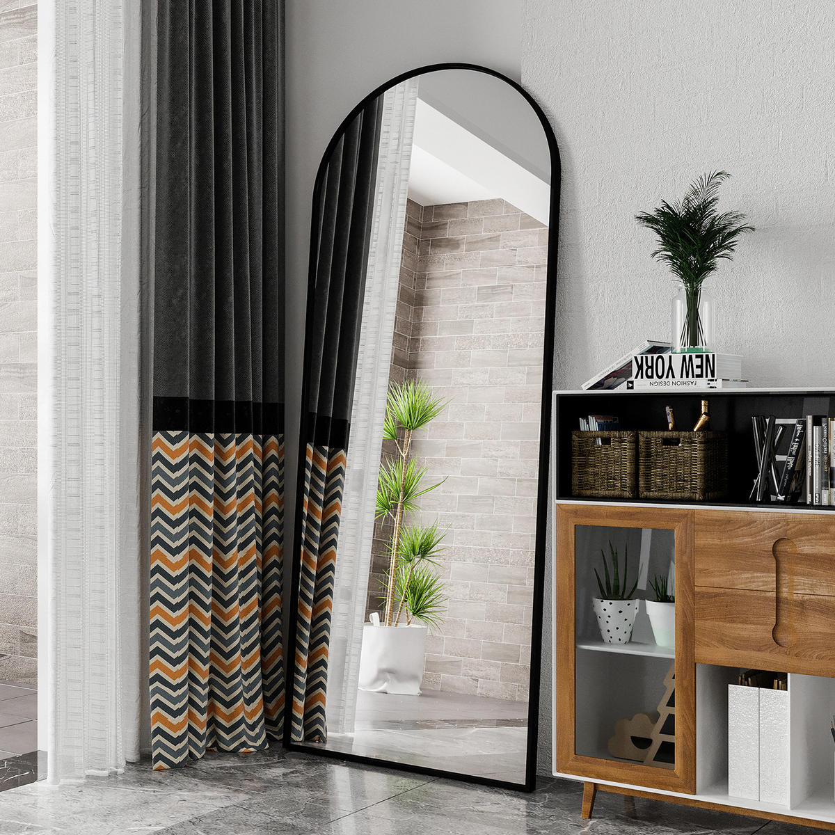 STANDSPIEGEL 1800 x 800 mm, gewölbter, geeignet für die Wandmontage oder als freistehendes Modell, schwarz - Schwarz, Glas/Metall (80/180/3cm) - WoodenAura