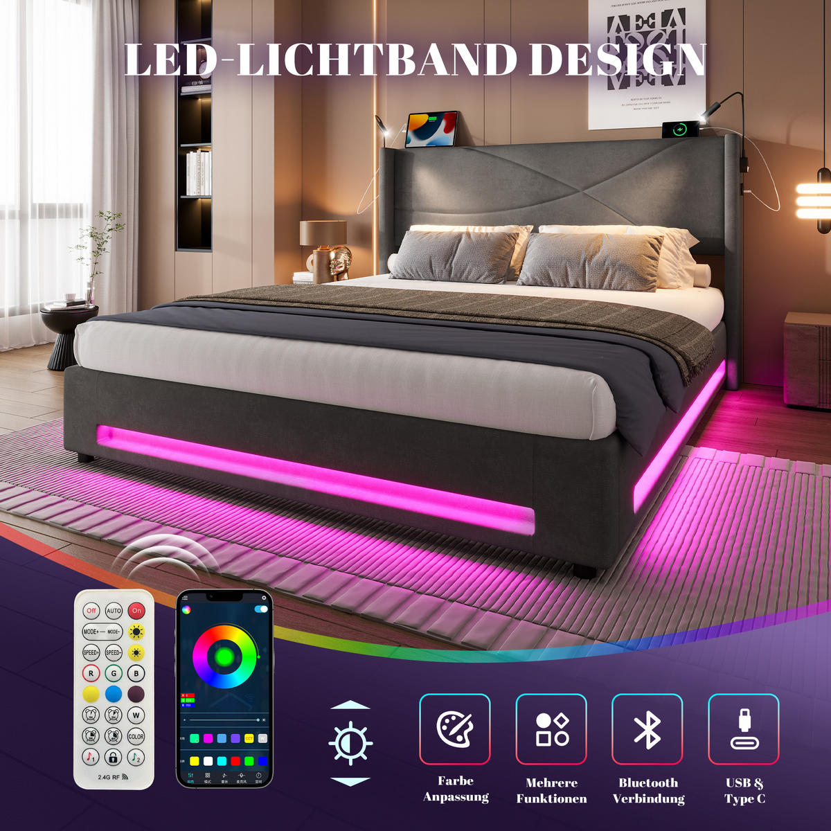 POLSTERBETT 160x200 cm LED USB Stauraum - Grau, Textil (160/200cm) - LEBENLANG