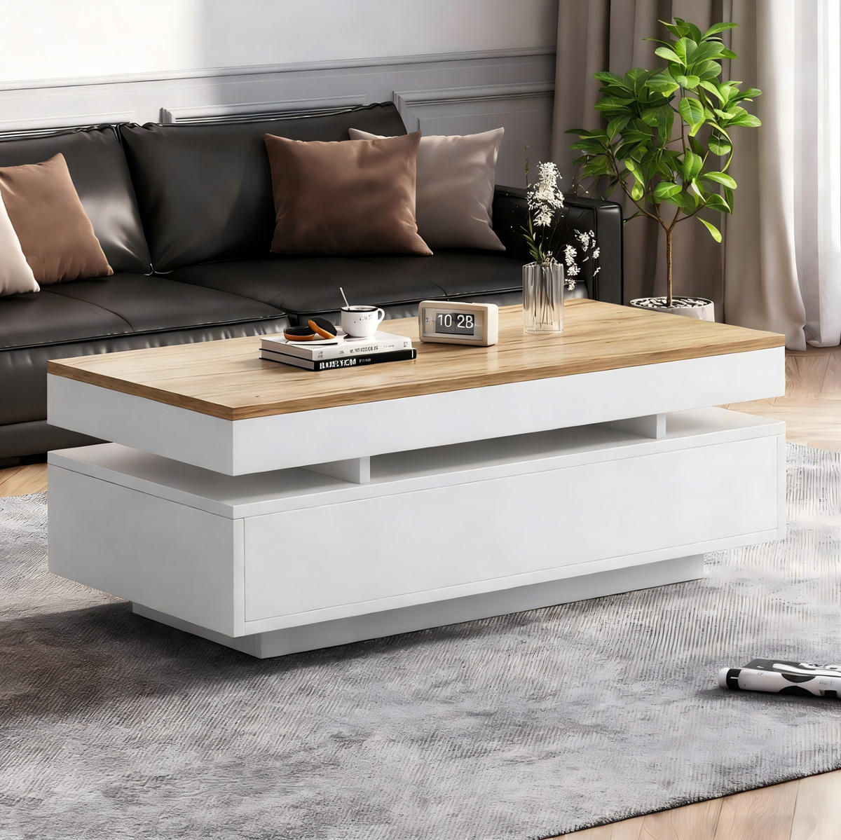 KONFERENČNÍ stolek z dřevotřísky 100x50x35 cm bílá a dekor dřeva s LED osvětlením, 2 zásuvkami a vysokým leskem - bílá, kompozitní dřevo (100/50/35cm) - Modfu