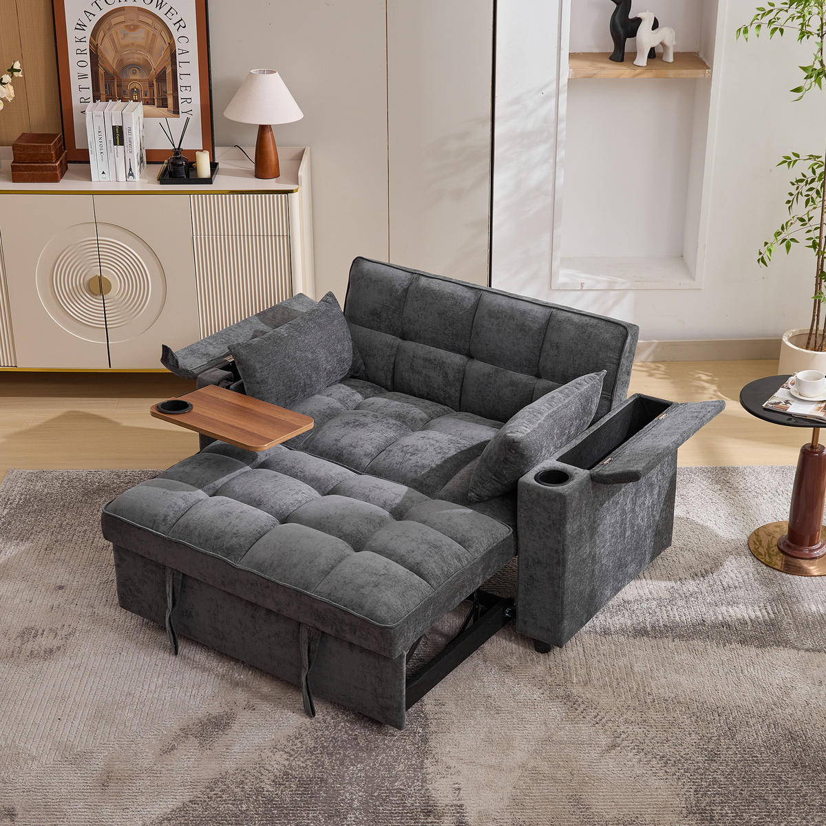 SOFA 3-in-1 Schlafsofa 2-Sitzer USB Ausziehbar Daybed Grau - Grau, Textil (140.5/82/74cm) - FLIEKS