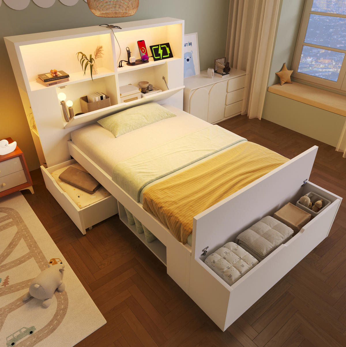 KINDERBETT 90/200 cm in Weiß mit LED, USB-Anschlüssen und Stauraum - Weiß, Holzwerkstoff (90/200cm) - BEAOK