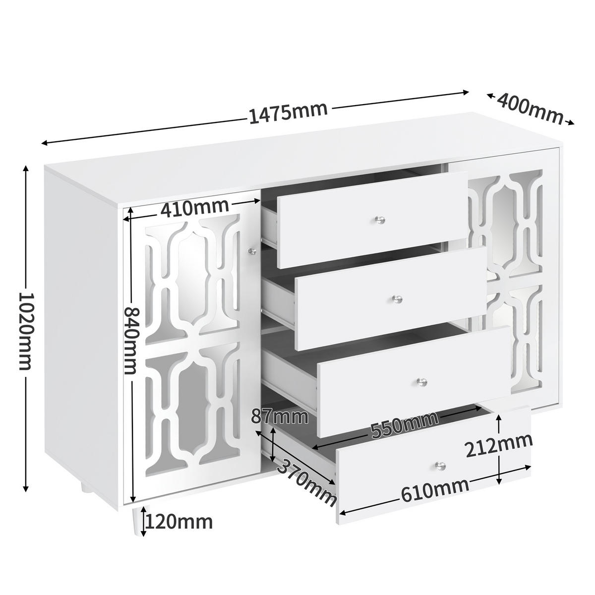 SIDEBOARD White 147.5/40/102 cm - Weiß, Holz (147.5/102/40cm) - Urban Meuble