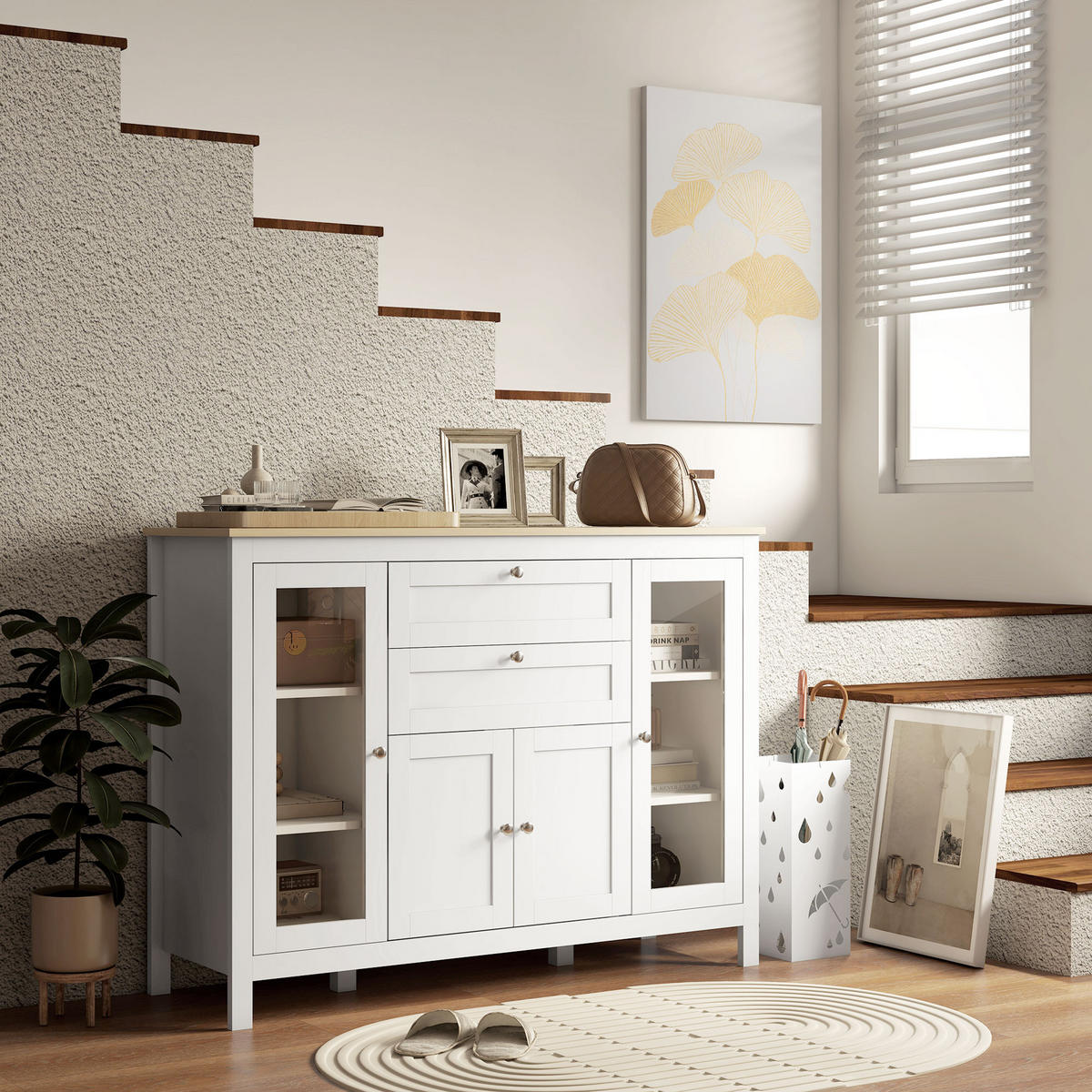 SIDEBOARD DE-11002 3 Schränke (2 mit Glas) & 2 Schubladen Weiß - Weiß, Holzwerkstoff (120/90/40cm) - ComfortXL