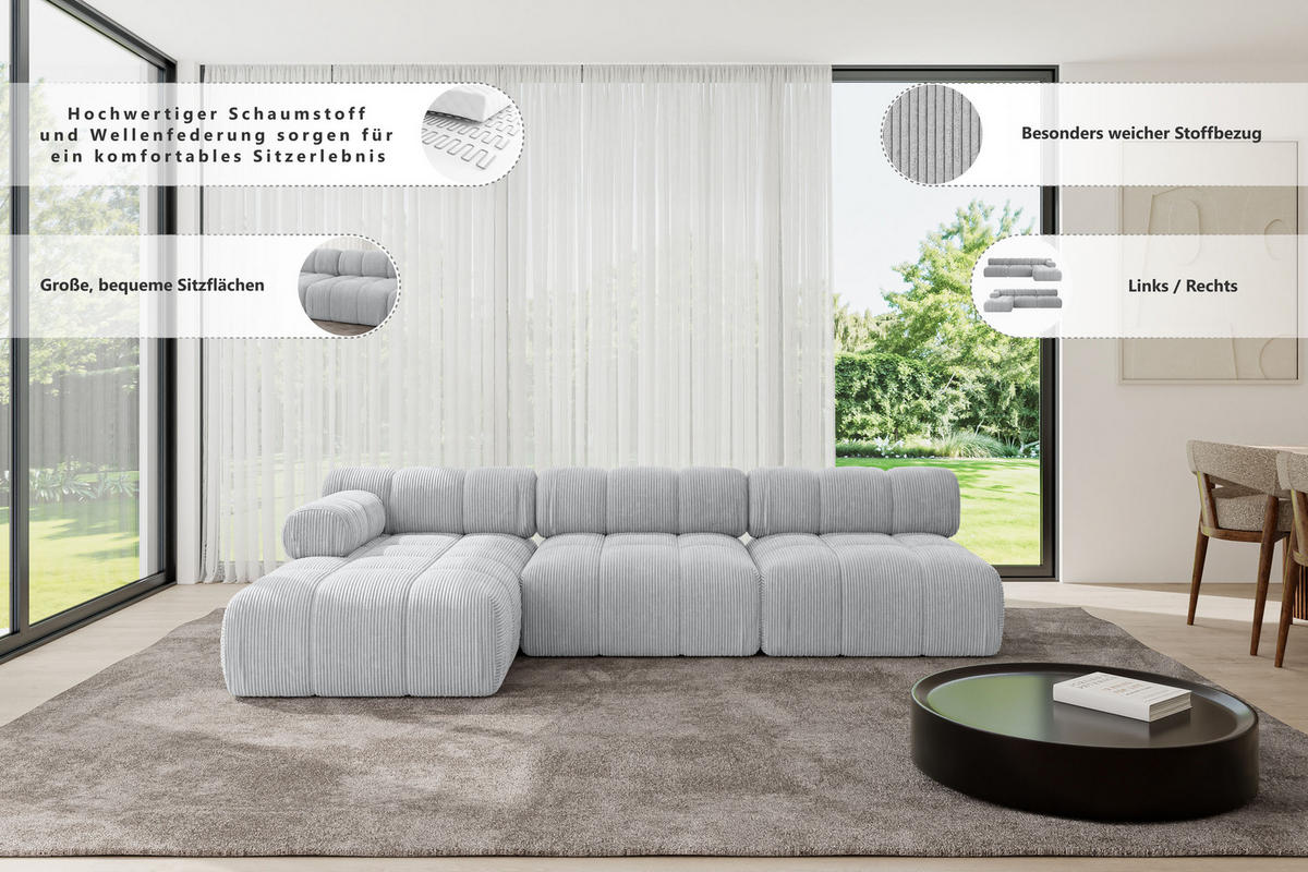 ECKSOFA modulares Sofa Razon-L2 - 285x160x70 cm Grau Bouclé - Grau, Holzwerkstoff/Textil (285/160cm) - ALTDECOR