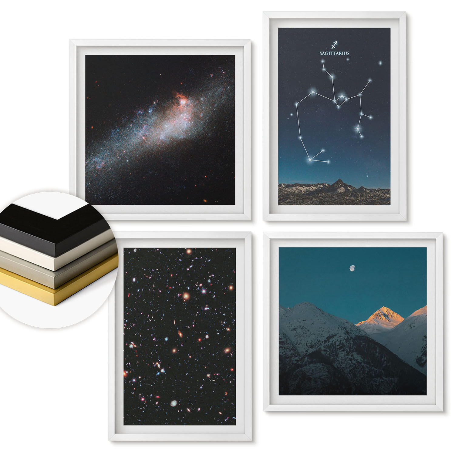 WANDBILDER 4er-Set - 50x50 cm & 40x60 cm Weißer Rahmen - Galaxien, Sternbilder, Weltraum, Schütze - Weiß, Kunststoff (50/50cm) - ArtPrintCave