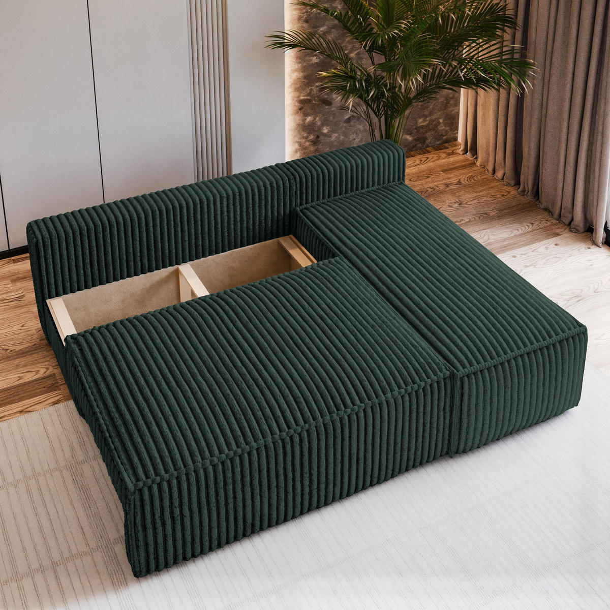 ECKSOFA BRISO T Grün Kordstoff mit Schlaffunktion - Grün, Holz (200/140cm) - MASSENO