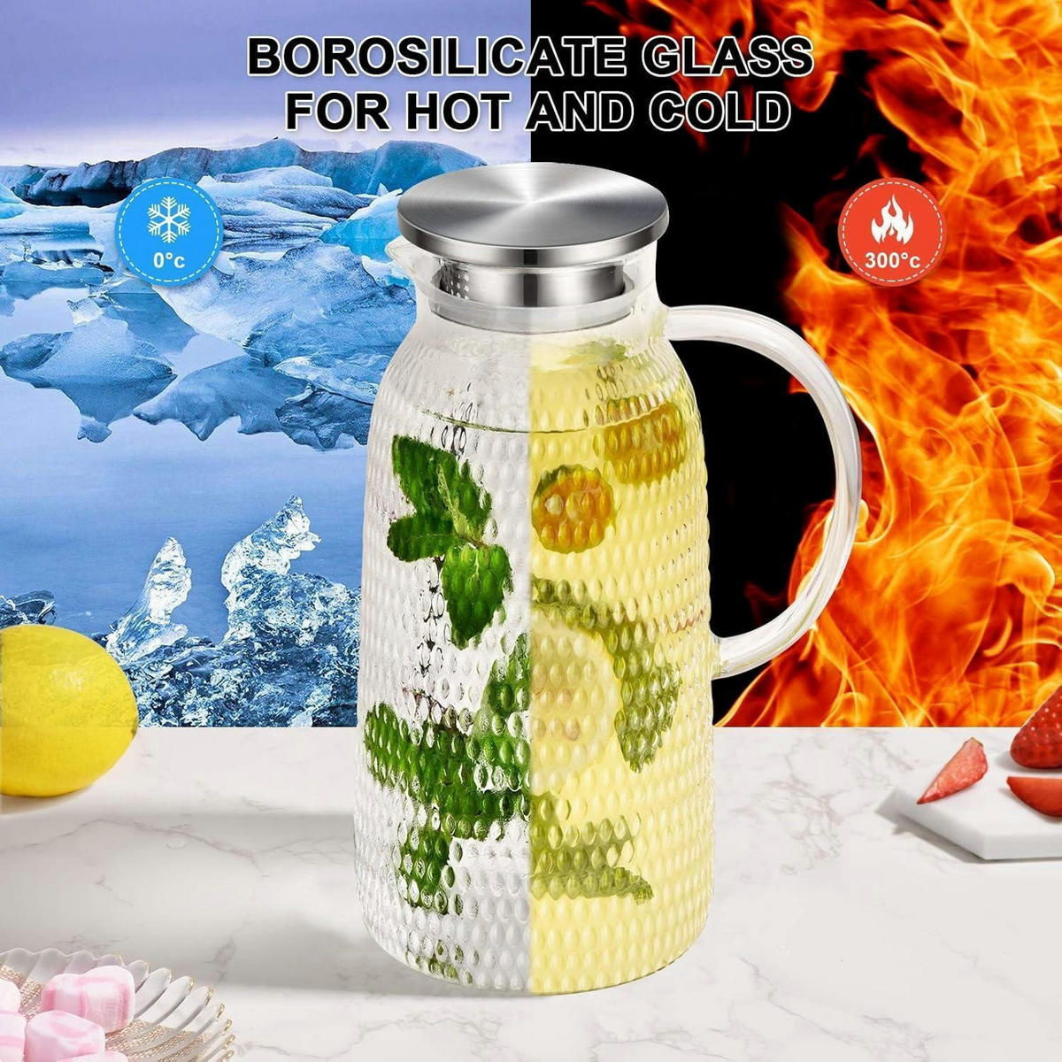 GLASKARAFFE 2.4 Liter mit Edelstahlfilter und Griff - Transparent, Glas (11.9/11.9cm)