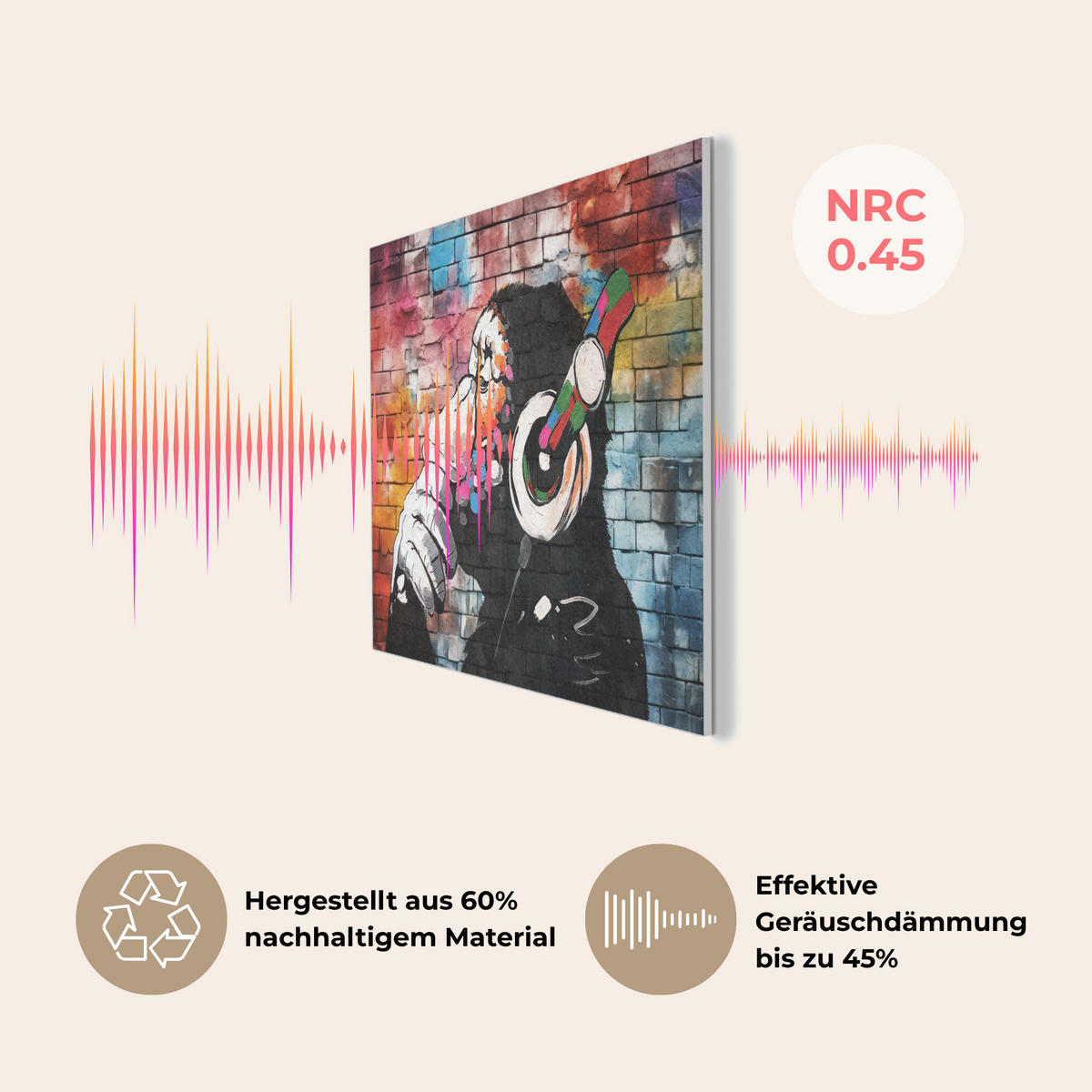 AKUSTIKBILD Affe - Graffiti - Musik Akustikpaneele 90x60 cm - Multicolor, Kunststoff (90/60/0.9cm) - MuchoWow