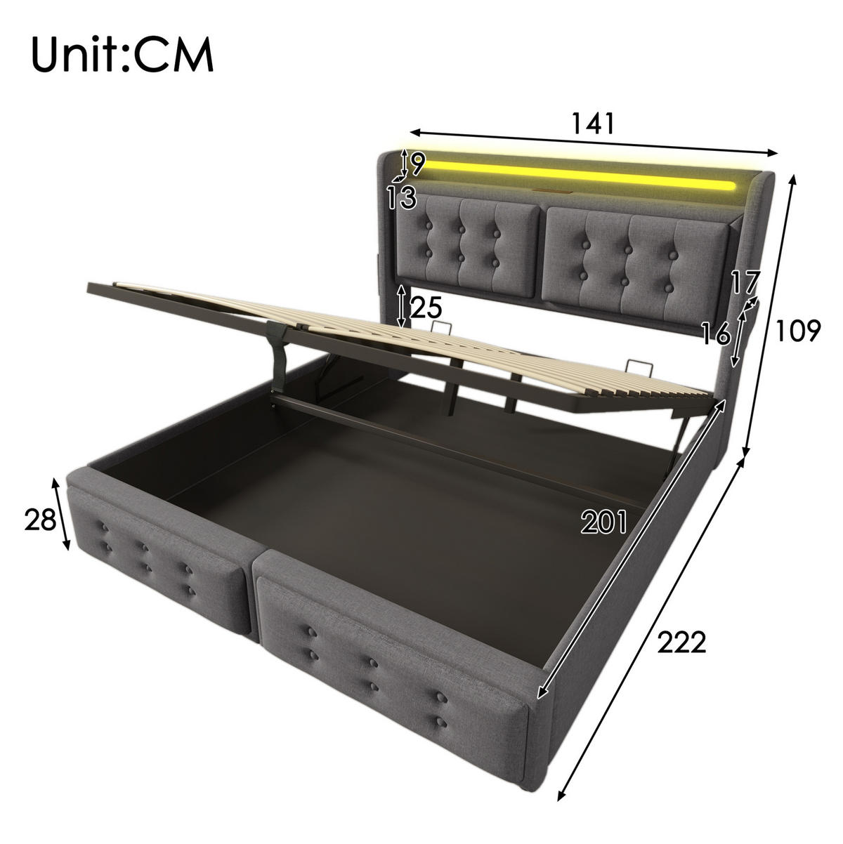 BETT mit Stauraum und LED 140x200 cm Baumwoll-Leinen Grau inkl. Matratze - Grau, Metall (140/200cm) - Meubliv