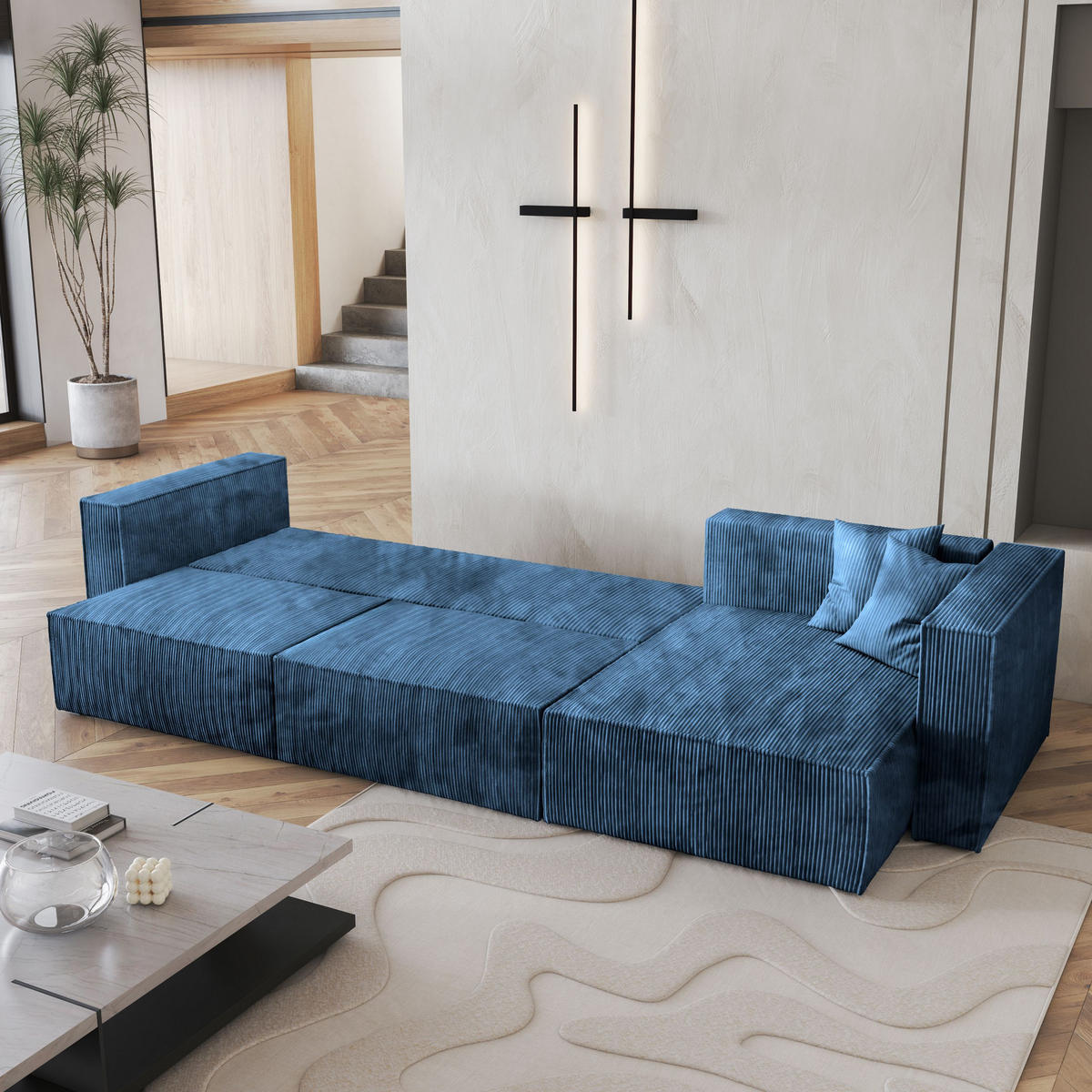 ECKSOFA TOLMO P Blau Kordstoff mit Schlaffunktion - Blau, Holz (347/148cm) - MASSENO