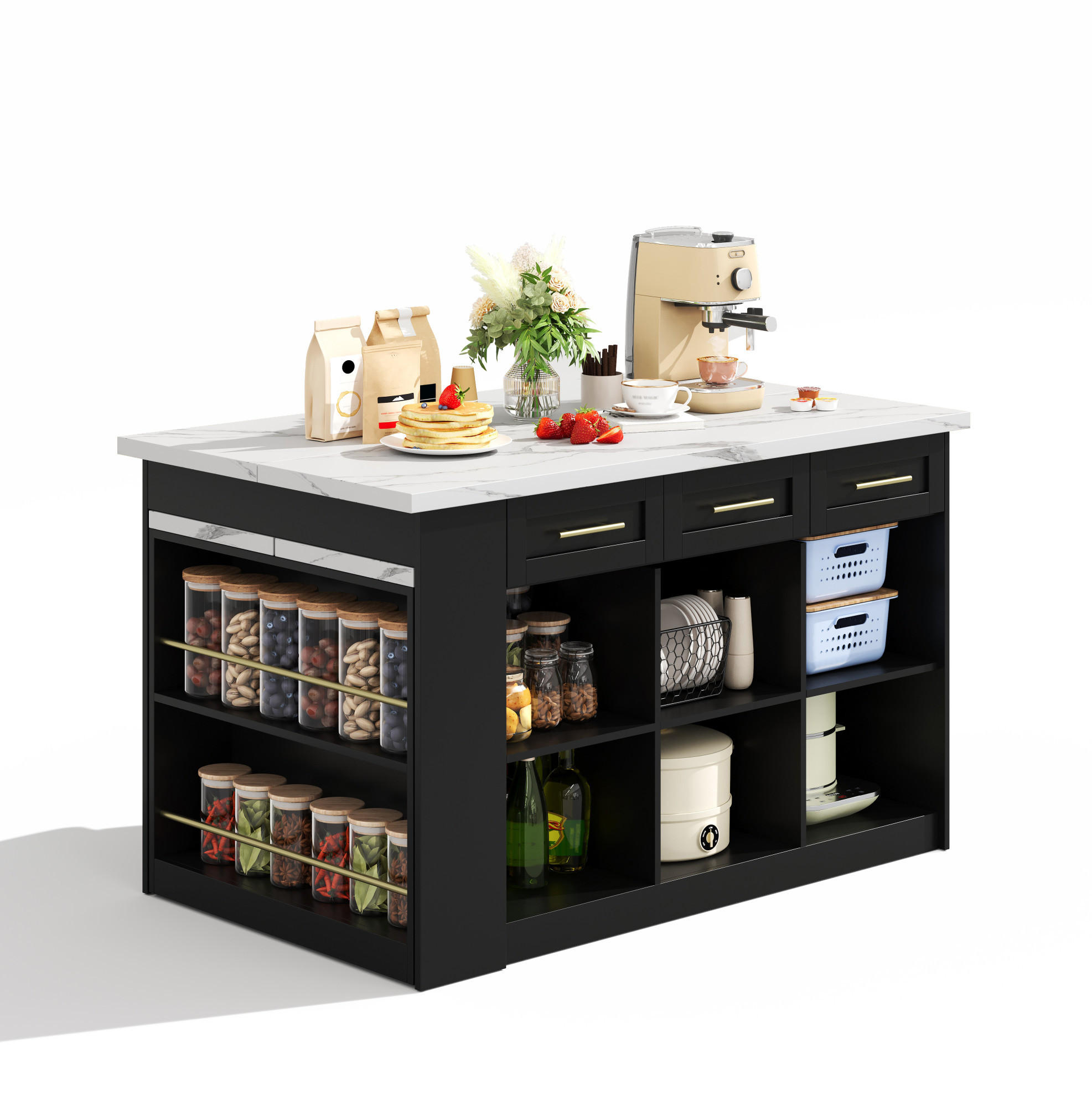 KÜCHENINSEL mit ausziehbarem Esstisch 150 x 90 x 90 cm Schwarz/Weiß - Schwarz, Holz (90/90/150cm) - Beauniv